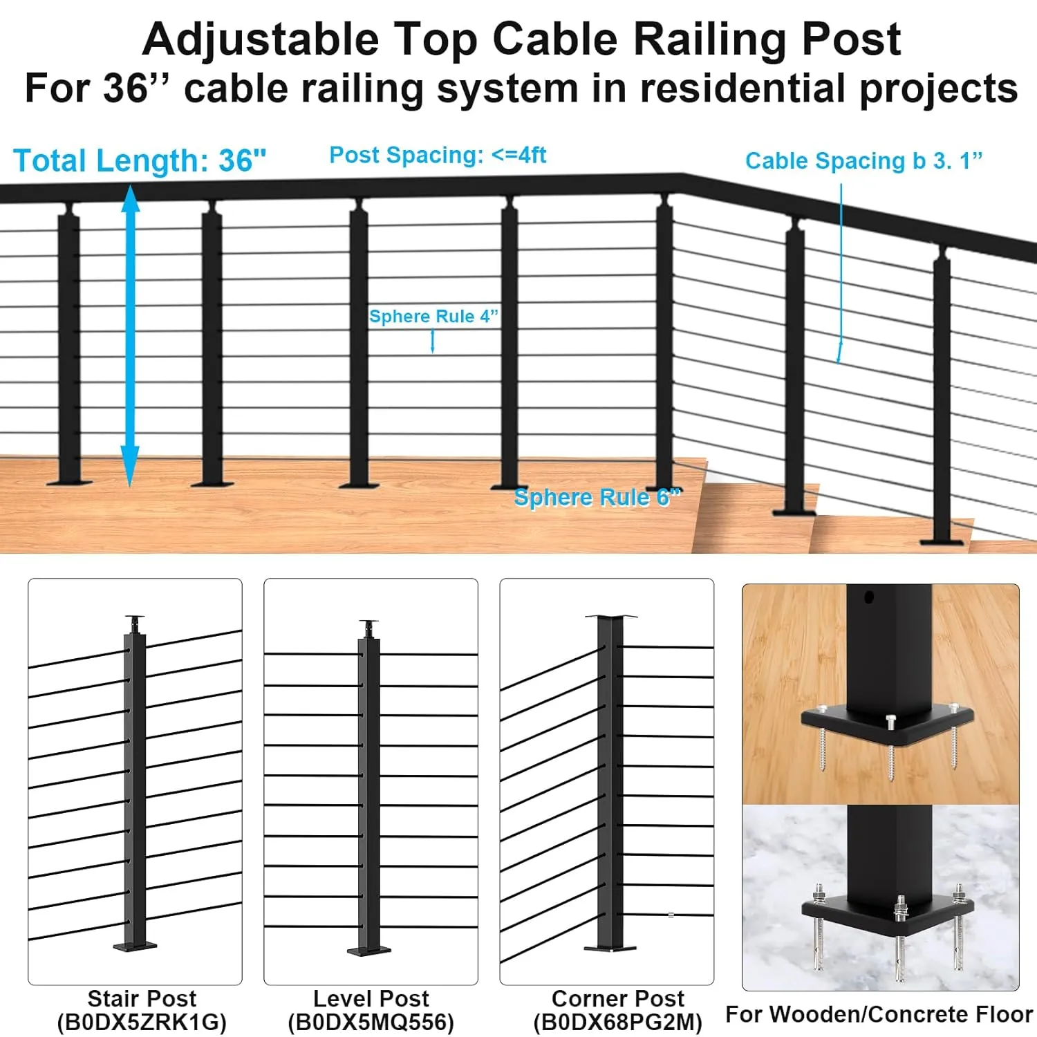 2 Pack Black Cable Railing Post Kit, Premium T304 Stainless Steel 36 Inch Porch Railing, Adjustable Top Level Drilled Cable Railing, 75ft T316 Wire Rope System DIY Kit Decking Railings