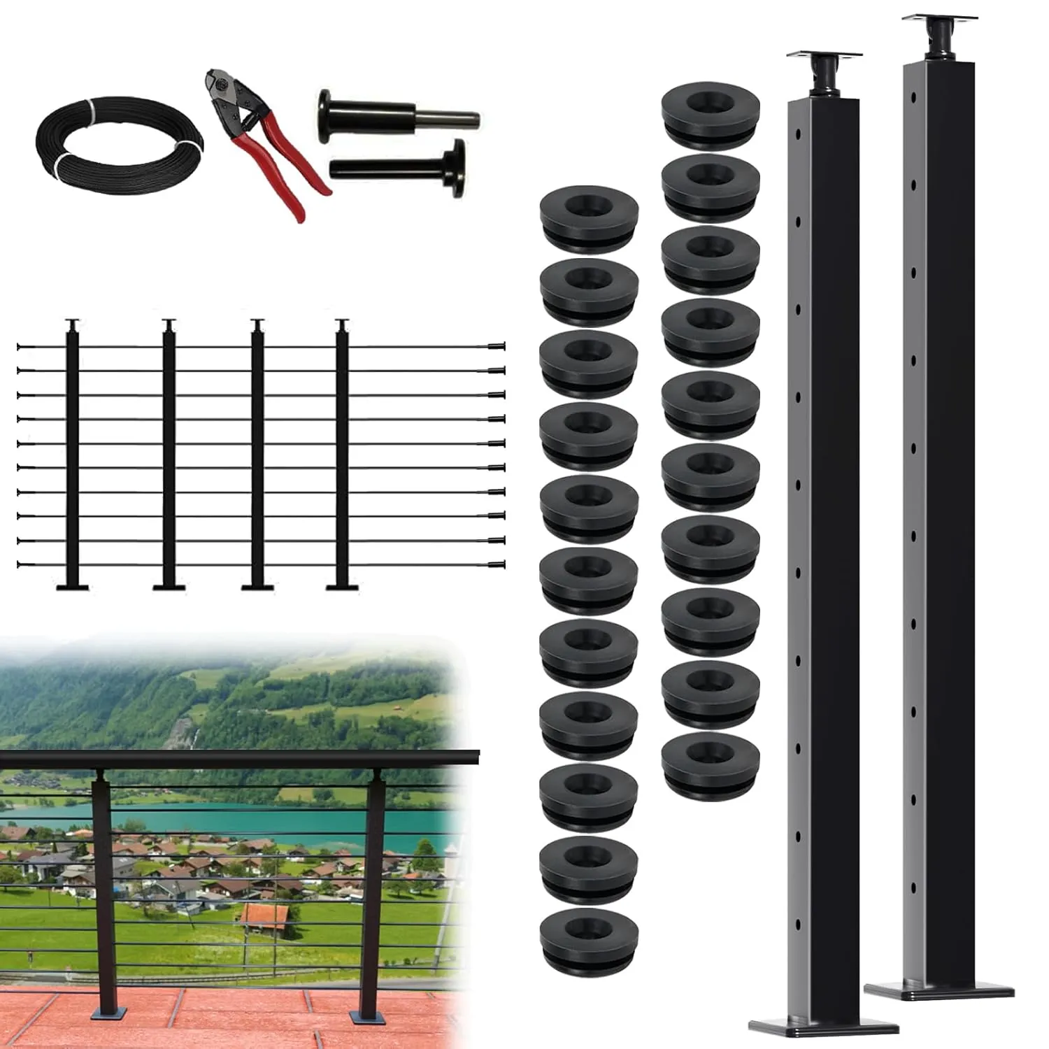 2 Pack Black Cable Railing Post Kit, Premium T304 Stainless Steel 36 Inch Porch Railing, Adjustable Top Level Drilled Cable Railing, 75ft T316 Wire Rope System DIY Kit Decking Railings