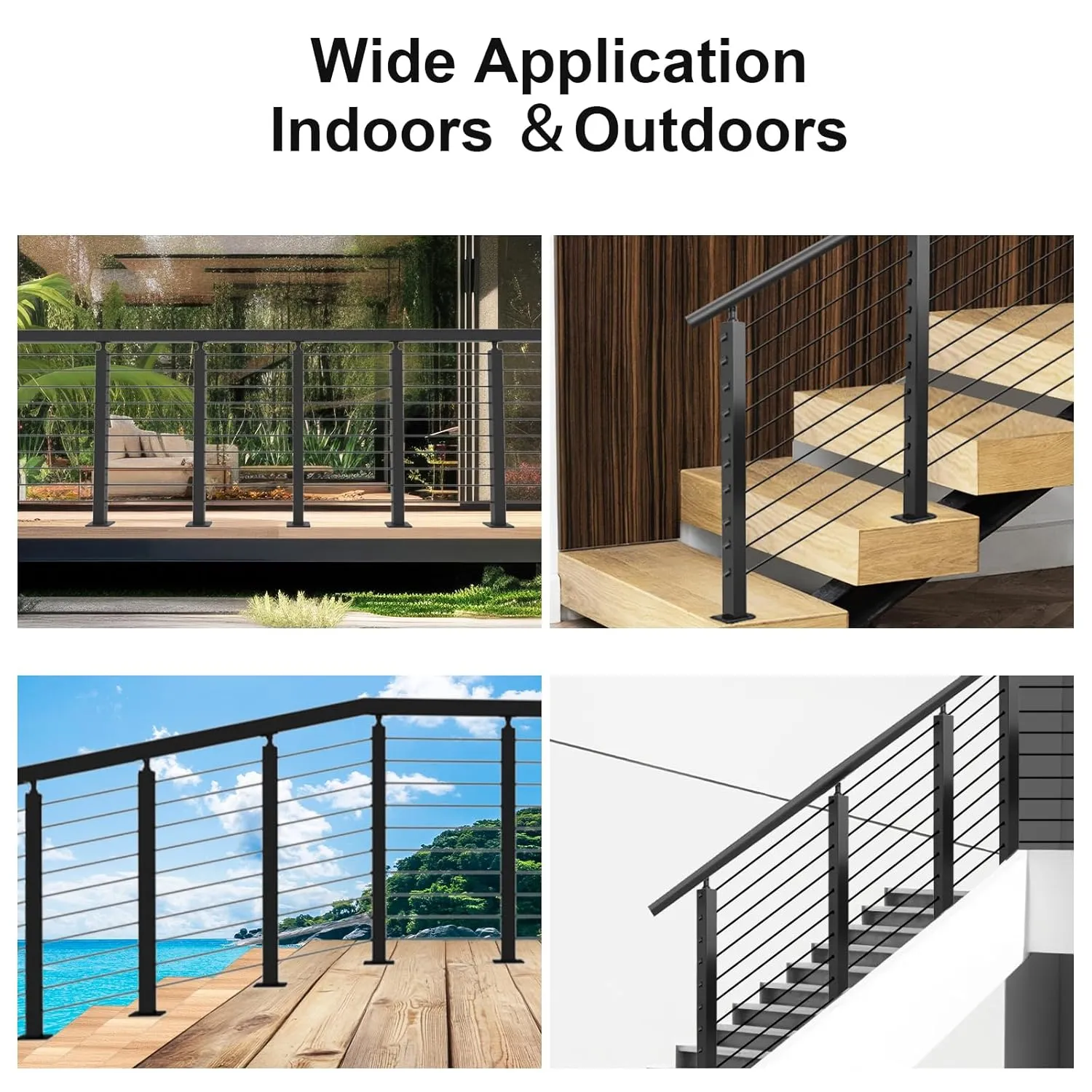 2 Pack Black Cable Railing Post Kit, Premium T304 Stainless Steel 36 Inch Porch Railing, Adjustable Top Level Drilled Cable Railing, 75ft T316 Wire Rope System DIY Kit Decking Railings