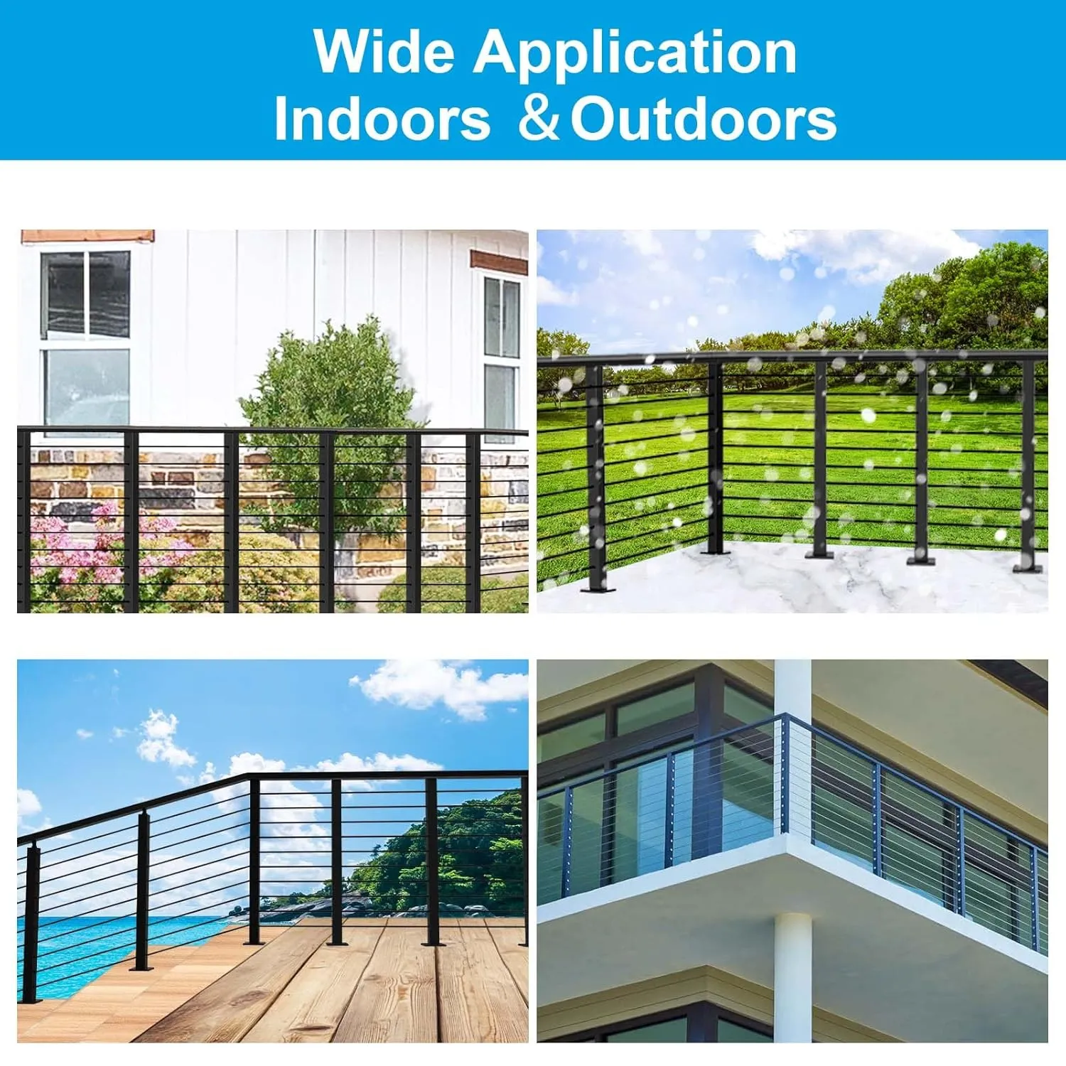 2 Pack Black Cable Railing Post Kit, Premium T304 Stainless Steel 36 Inch Porch Railing, Flat Top Level Drilled Cable Railing, 75ft T316 Wire Rope System DIY Decking Railings