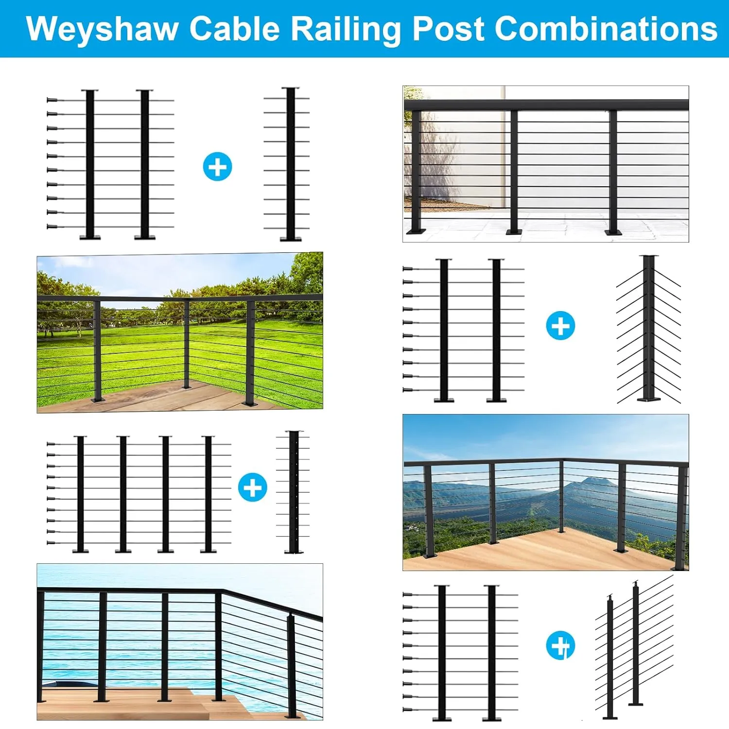 2 Pack Black Cable Railing Post Kit, Premium T304 Stainless Steel 36 Inch Porch Railing, Flat Top Level Drilled Cable Railing, 75ft T316 Wire Rope System DIY Decking Railings