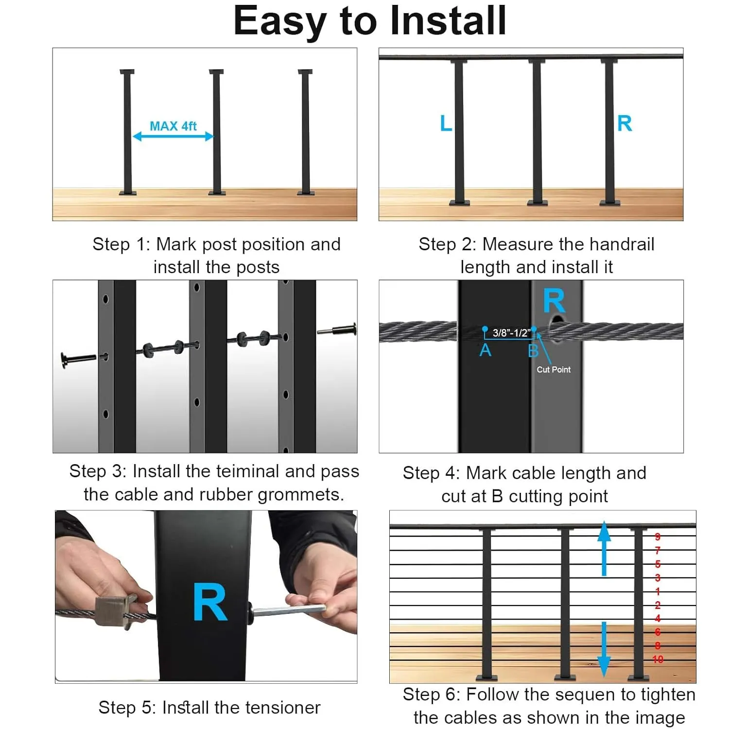 2 Pack Black Cable Railing Post Kit, Premium T304 Stainless Steel 36 Inch Porch Railing, Flat Top Level Drilled Cable Railing, 75ft T316 Wire Rope System DIY Decking Railings