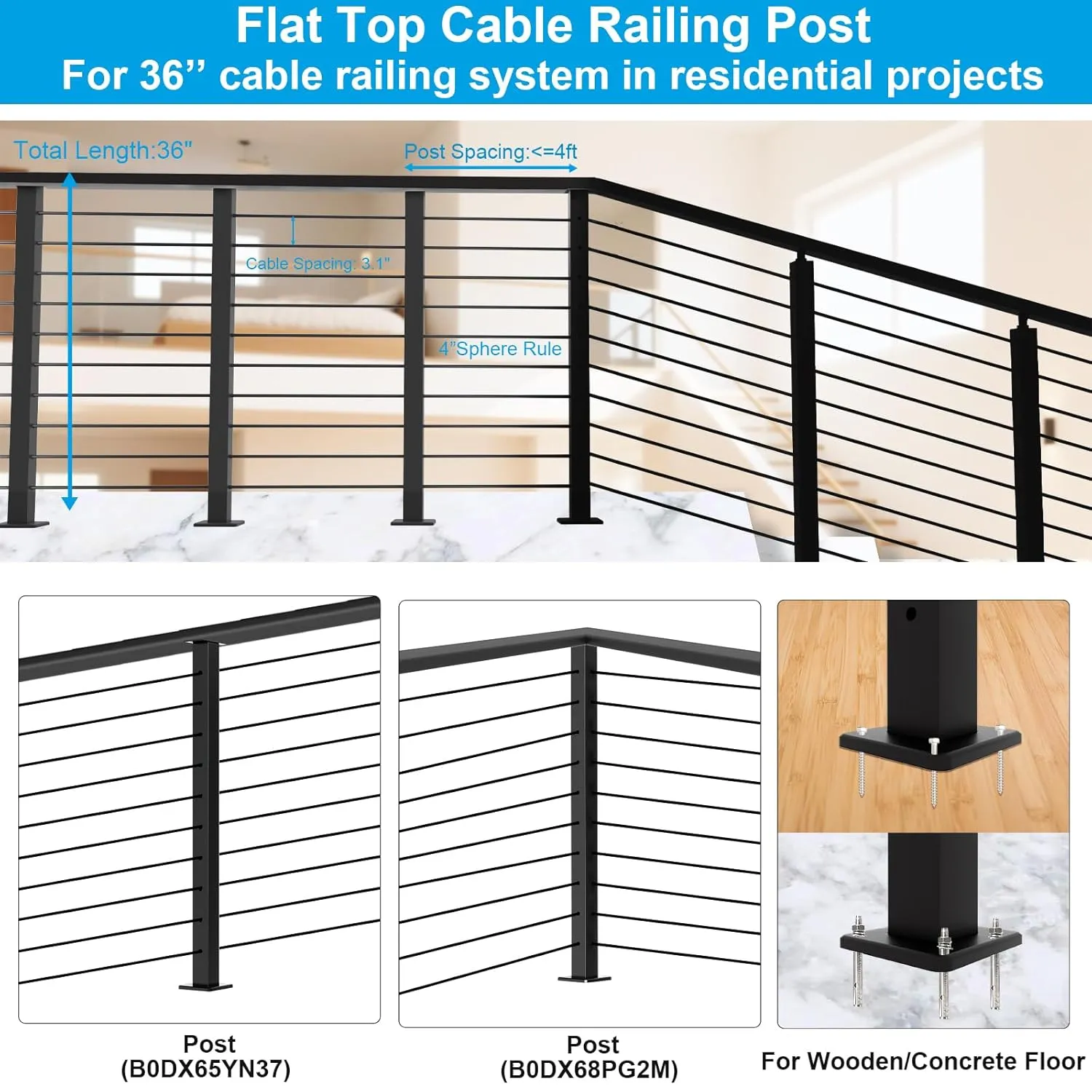2 Pack Black Cable Railing Post Kit, Premium T304 Stainless Steel 36 Inch Porch Railing, Flat Top Level Drilled Cable Railing, 75ft T316 Wire Rope System DIY Decking Railings