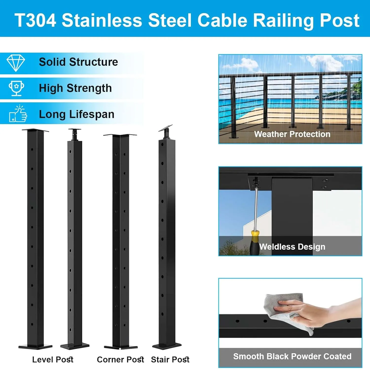 2 Pack Black Cable Railing Post Kit, Premium T304 Stainless Steel 36 Inch Porch Railing, Flat Top Level Drilled Cable Railing, 75ft T316 Wire Rope System DIY Decking Railings