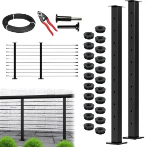 2 Pack Black Cable Railing Post Kit, Premium T304 Stainless Steel 36 Inch Porch Railing, Flat Top Level Drilled Cable Railing, 75ft T316 Wire Rope System DIY Decking Railings