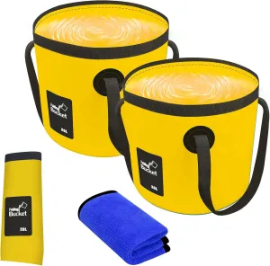 2 Pack Collapsible Bucket 5 Gallon, Folding Portable wash Basin for Fishing Camping Washing Travelling Outdoor Gardening Hiking(20L)-Yellow