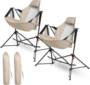 2-Pack Hammock Camping Chair – Portable Folding Rocking Chair with Adjustable Back, Pillow & Cup Holder, Lightweight Aluminum Alloy for Outdoor, Travel, Lawn, Backyard – Khaki (2pcs)