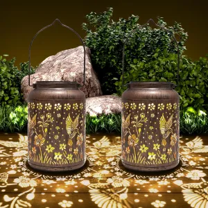 2 Pack Hummingbird Solar Lantern Outdoor Hanging Solar Light - IP65 Waterproof LED Decorative Lantern for Patio, Pathway, or Tabletop. Perfect Mother’s Day Gift for Women, Unique Metal Decor