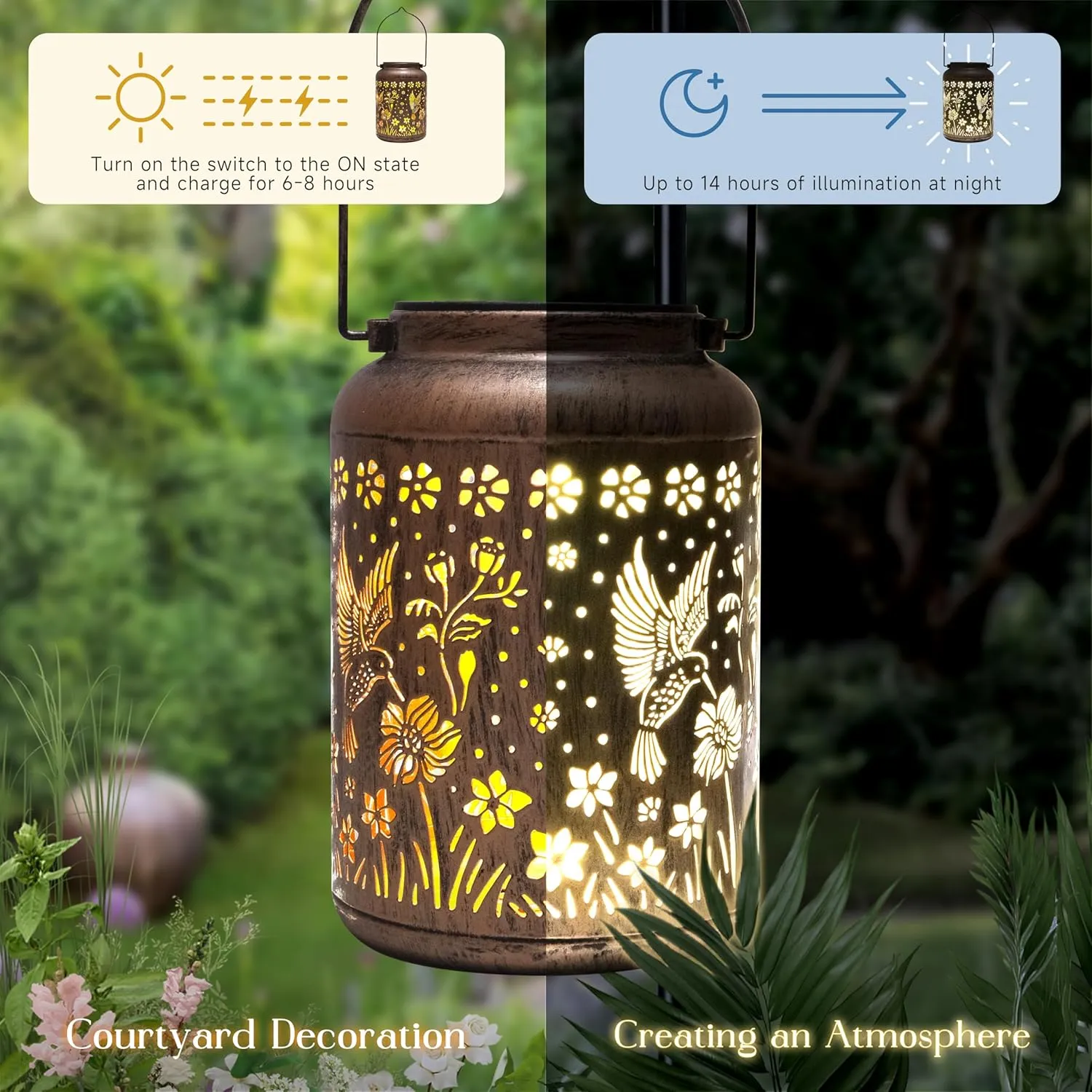 2 Pack Hummingbird Solar Lantern Outdoor Hanging Solar Light - IP65 Waterproof LED Decorative Lantern for Patio, Pathway, or Tabletop. Perfect Mother’s Day Gift for Women, Unique Metal Decor