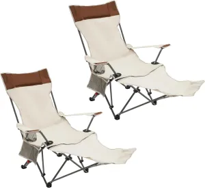 2 Pcs Reclining Camping Chair, Adjustable Folding Beach Lounge Chair with Removable Footrest, Cup Holder and Headrest, Portable Folding Chairs for Adults for Outdoor Beach Lawn