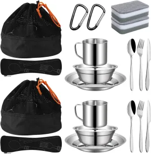 2-Person Stainless Steel Camping Mess Kit with Plates, Cups, Bowls, and Utensils – Ideal for Outdoor Adventures