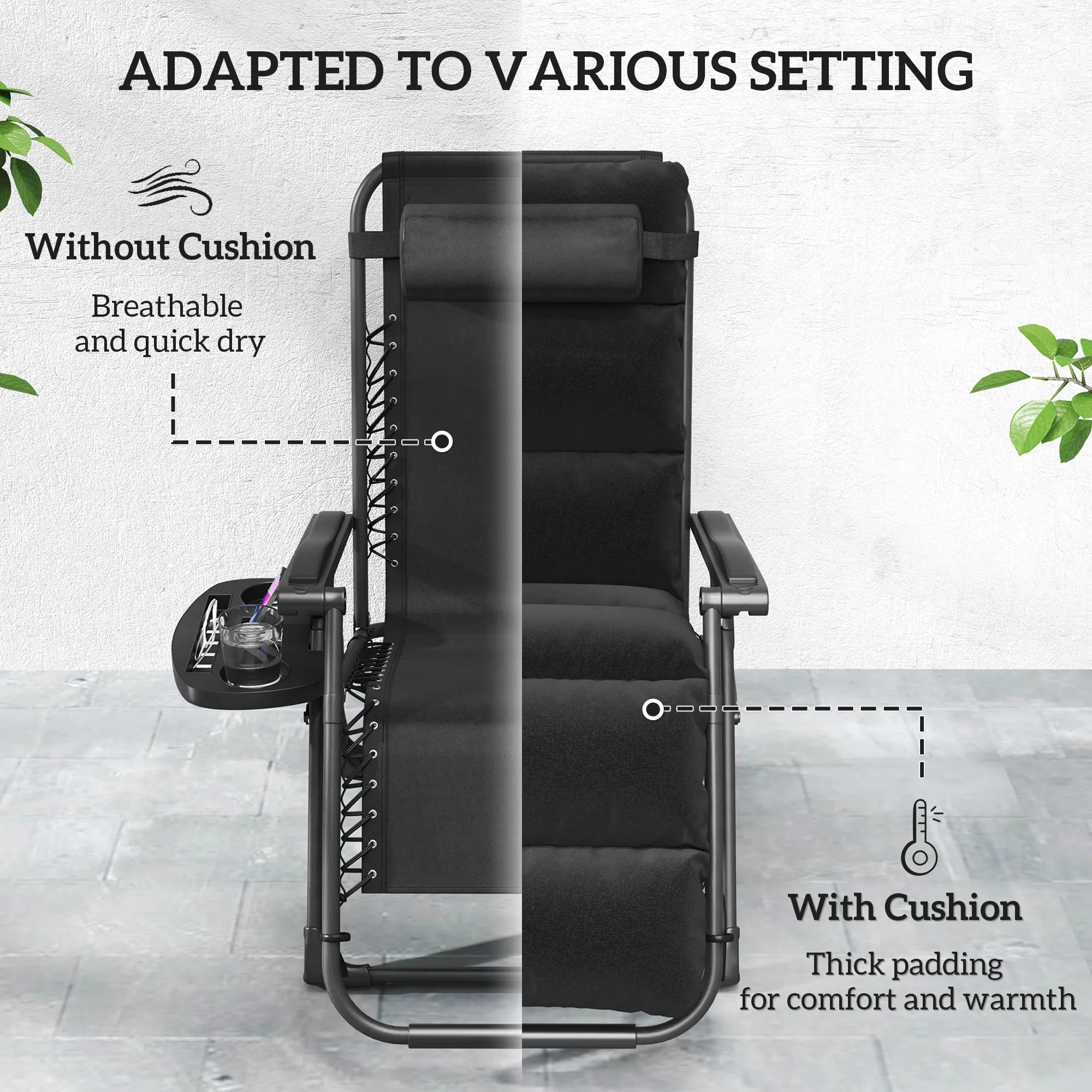 2-Piece Reclining Folding Lounge Chair with Cushion, Headrest & Side Tray, Black