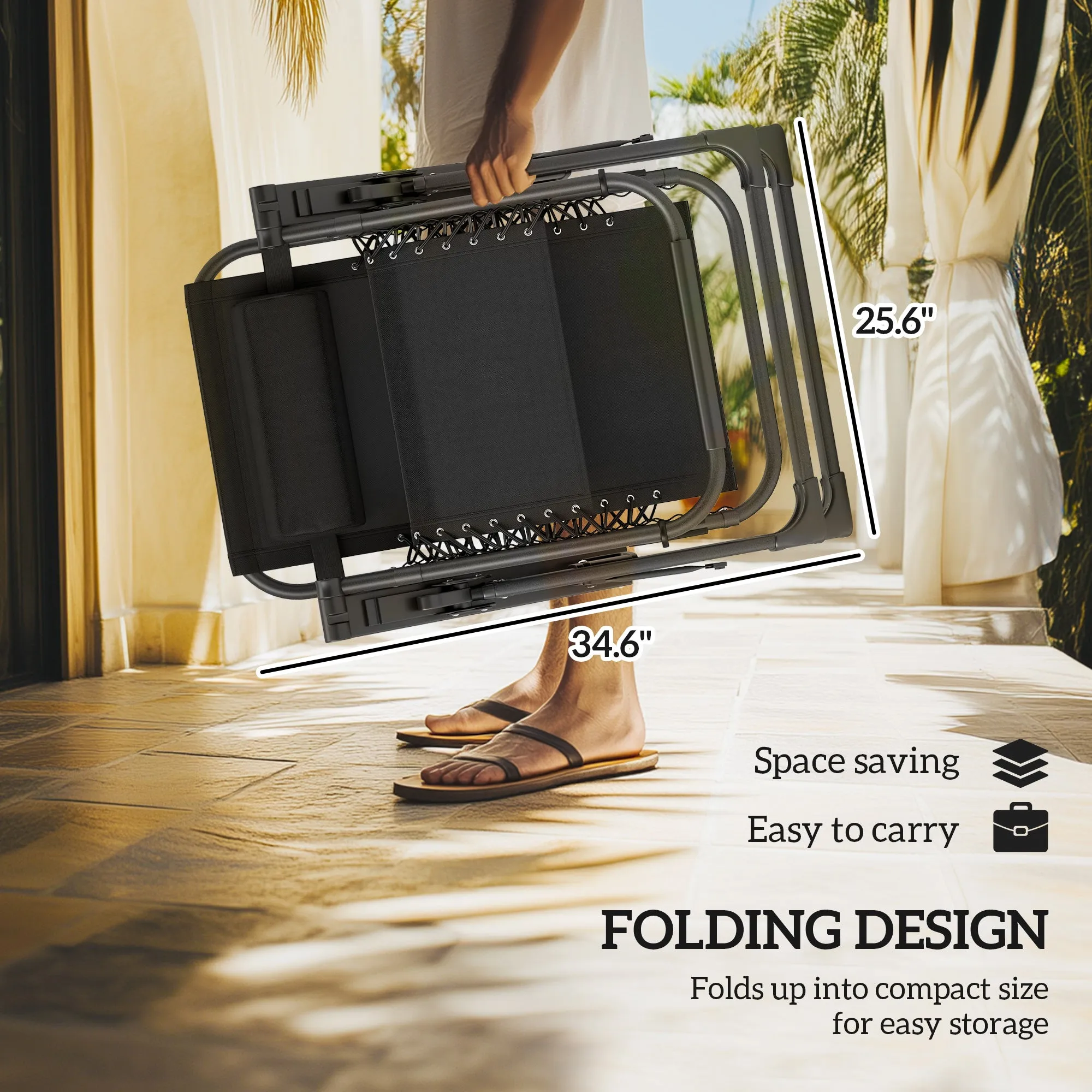 2-Piece Reclining Folding Lounge Chair with Cushion, Headrest & Side Tray, Black