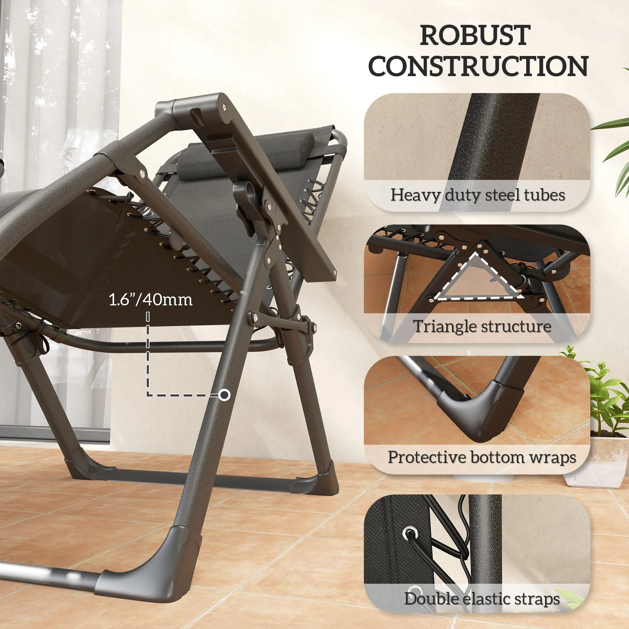 2-Piece Reclining Folding Lounge Chair with Cushion, Headrest & Side Tray, Black