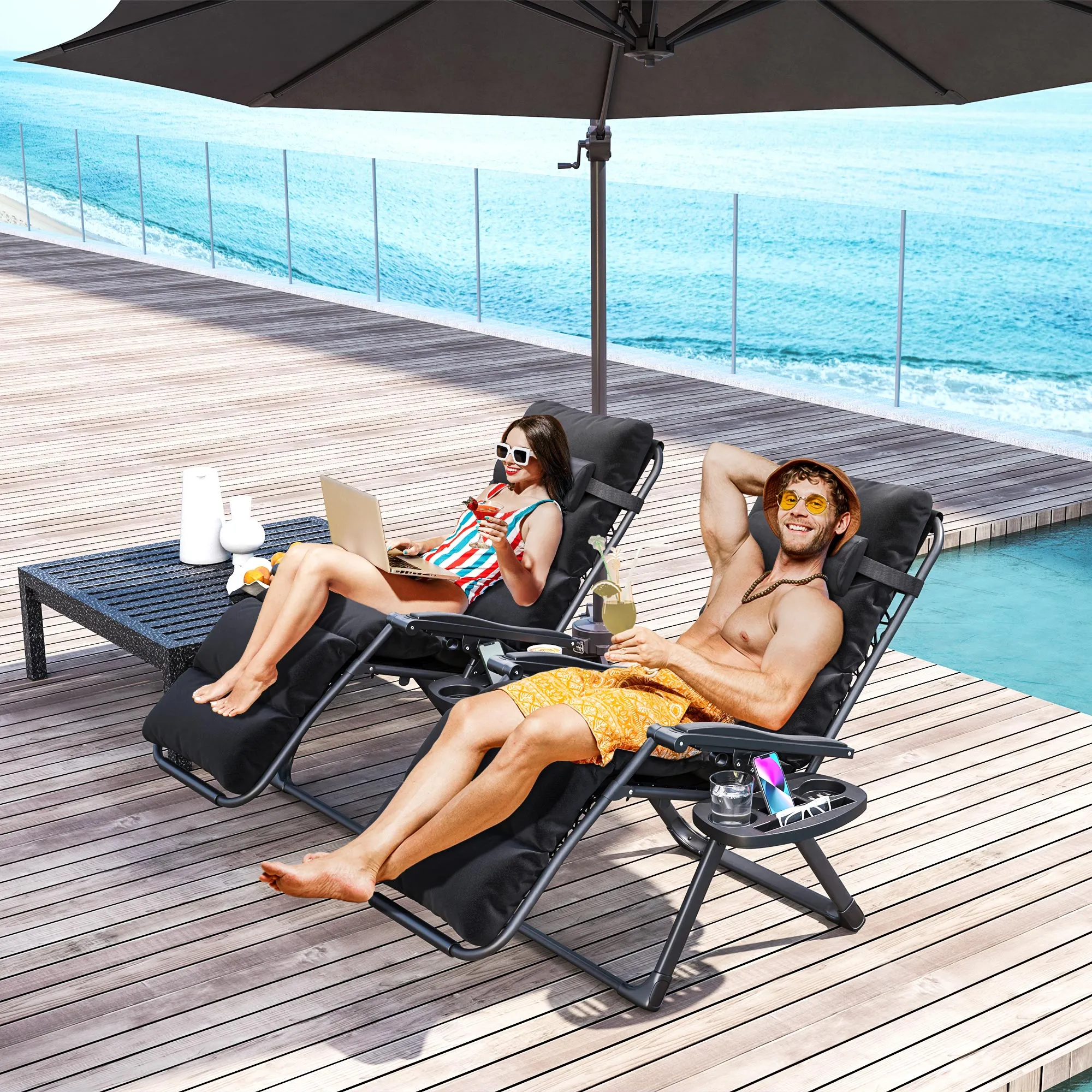 2-Piece Reclining Folding Lounge Chair with Cushion, Headrest & Side Tray, Black