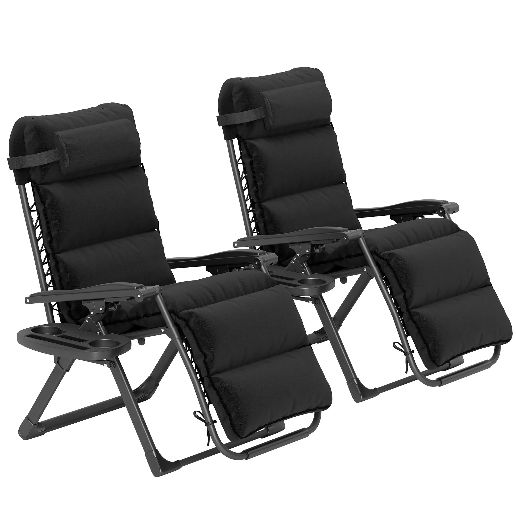 2-Piece Reclining Folding Lounge Chair with Cushion, Headrest & Side Tray, Black