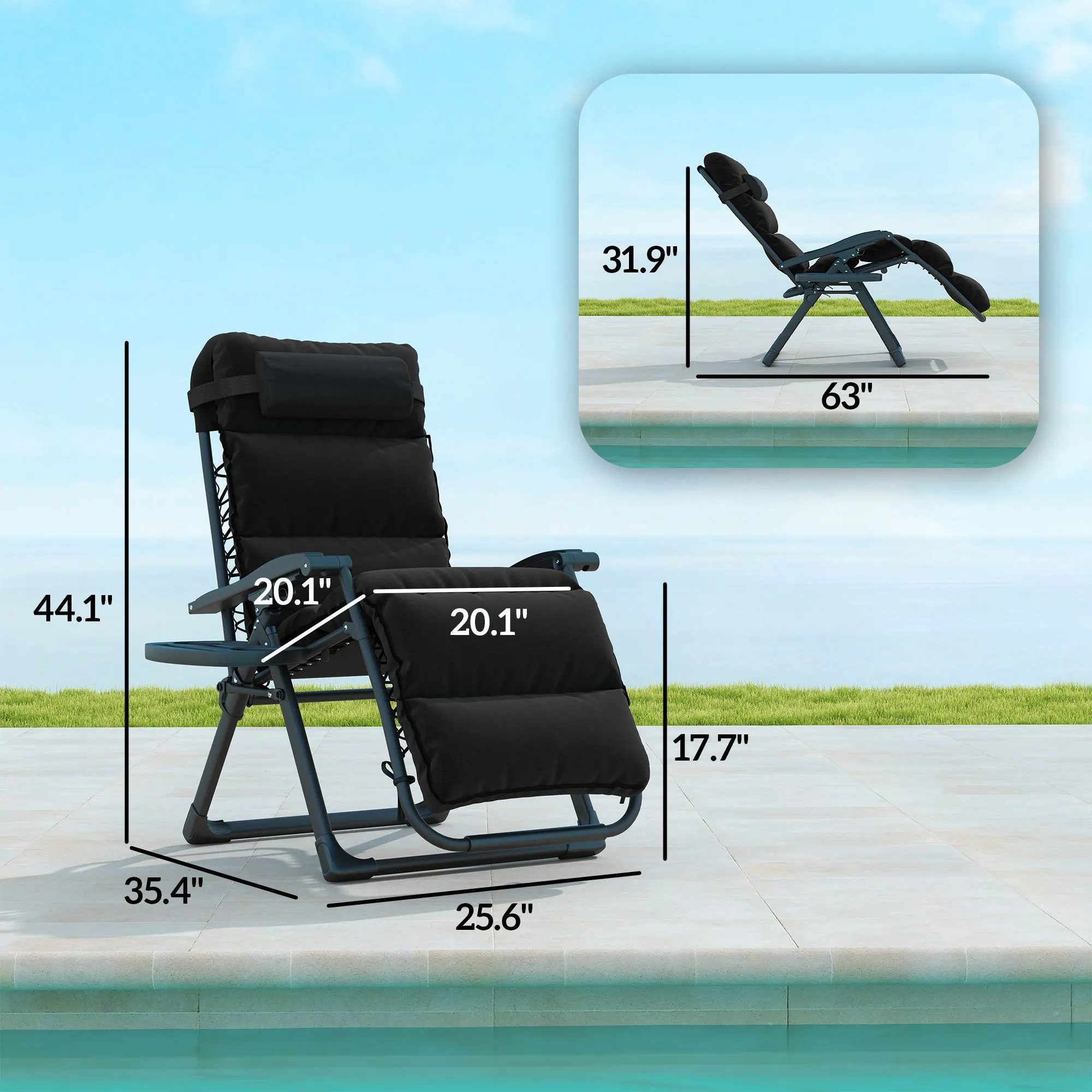 2-Piece Reclining Folding Lounge Chair with Cushion, Headrest & Side Tray, Black