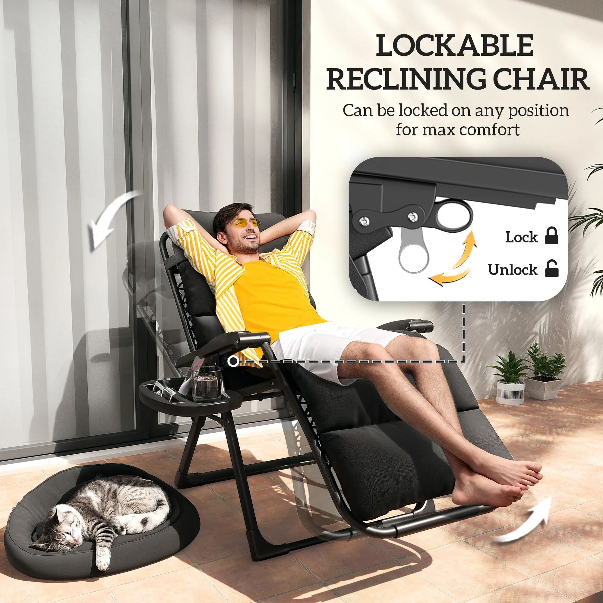 2-Piece Reclining Folding Lounge Chair with Cushion, Headrest & Side Tray, Black