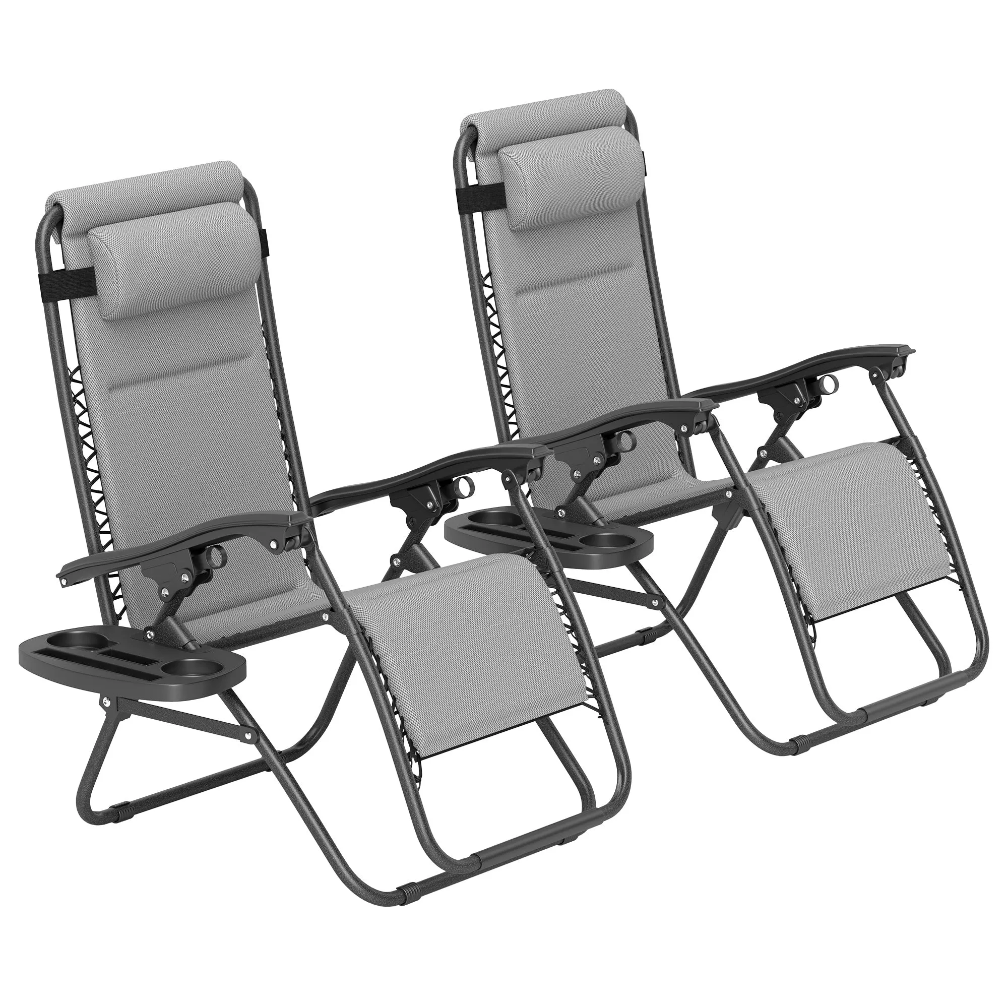 2-Piece Reclining Folding Zero Gravity Lounge Chairs with Headrest & Tray, Light Gray