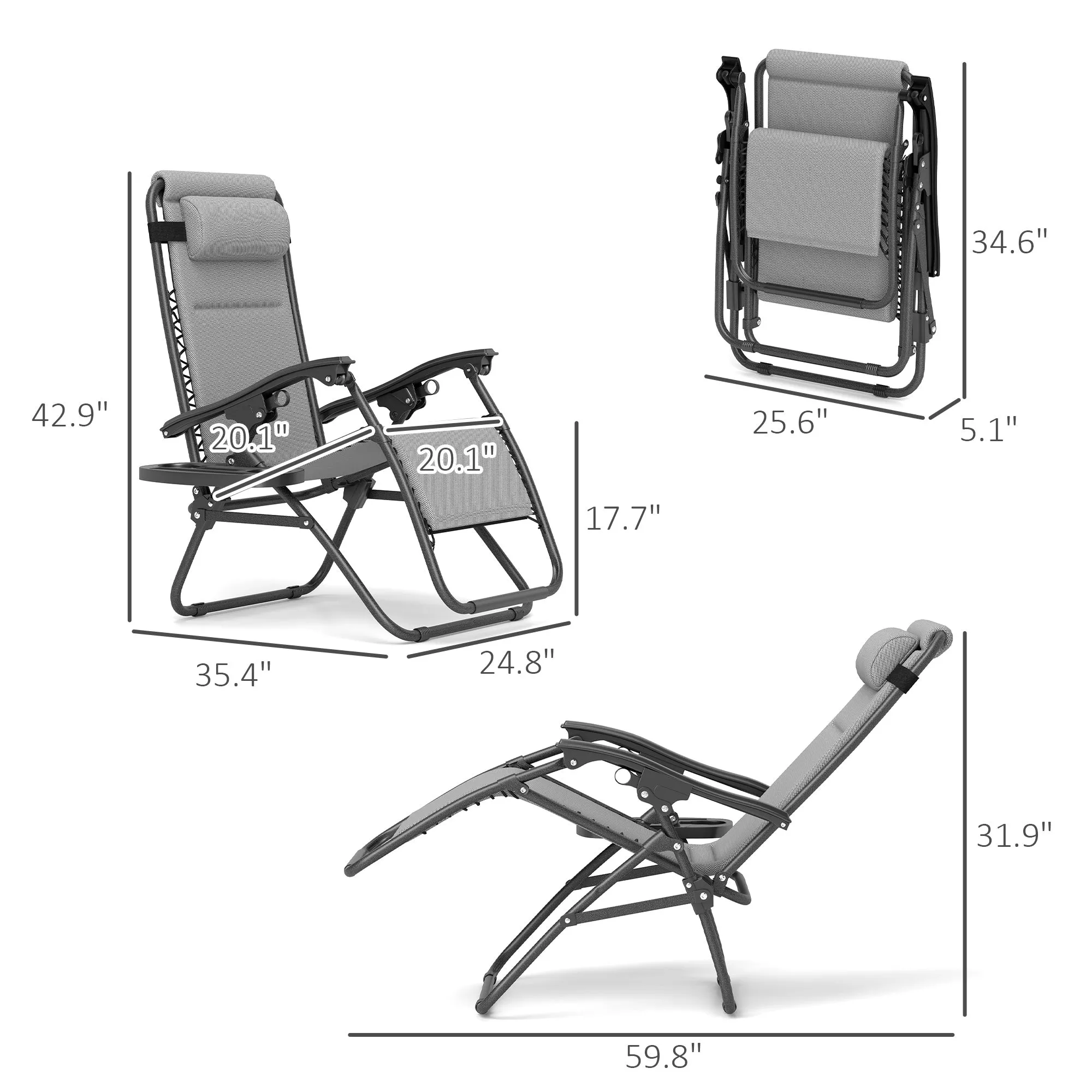 2-Piece Reclining Folding Zero Gravity Lounge Chairs with Headrest & Tray, Light Gray