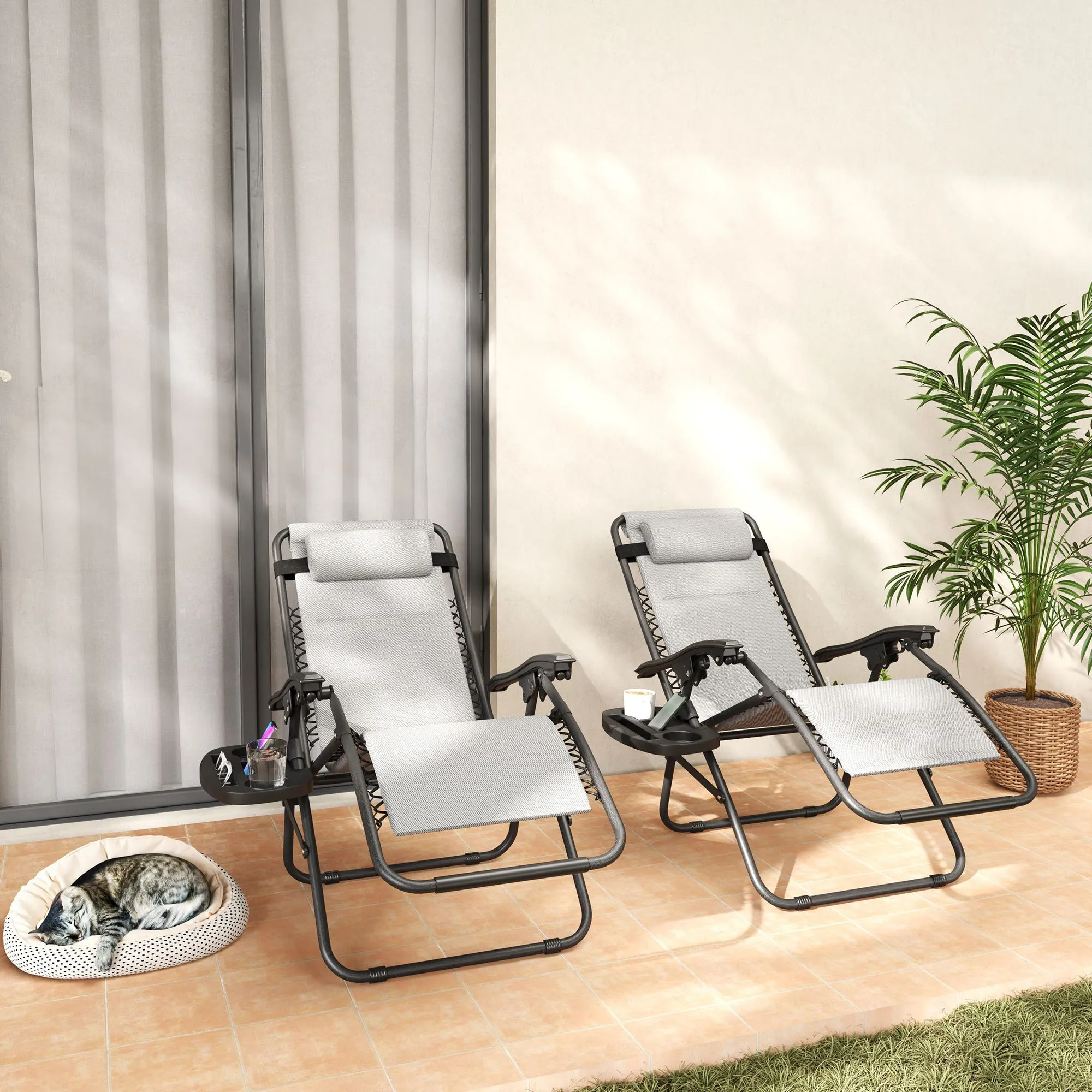 2-Piece Reclining Folding Zero Gravity Lounge Chairs with Headrest & Tray, Light Gray