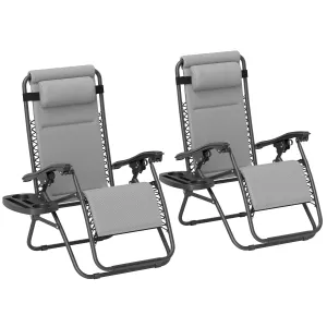 2-Piece Reclining Folding Zero Gravity Lounge Chairs with Headrest & Tray, Light Gray