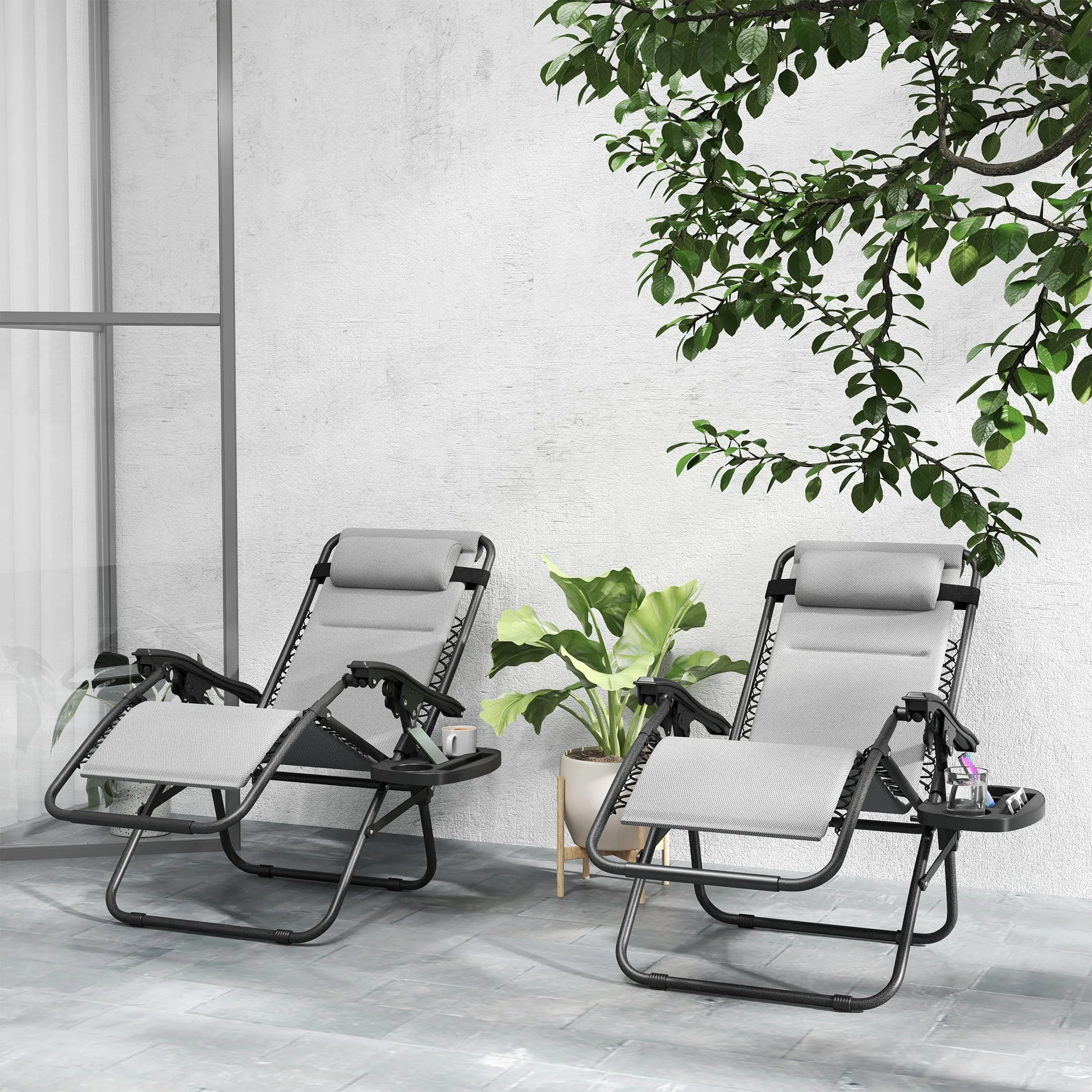 2-Piece Reclining Folding Zero Gravity Lounge Chairs with Headrest & Tray, Light Gray