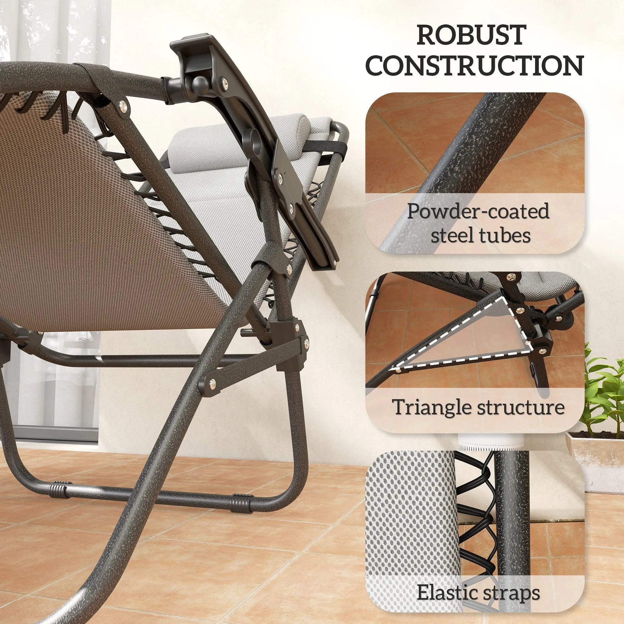 2-Piece Reclining Folding Zero Gravity Lounge Chairs with Headrest & Tray, Light Gray