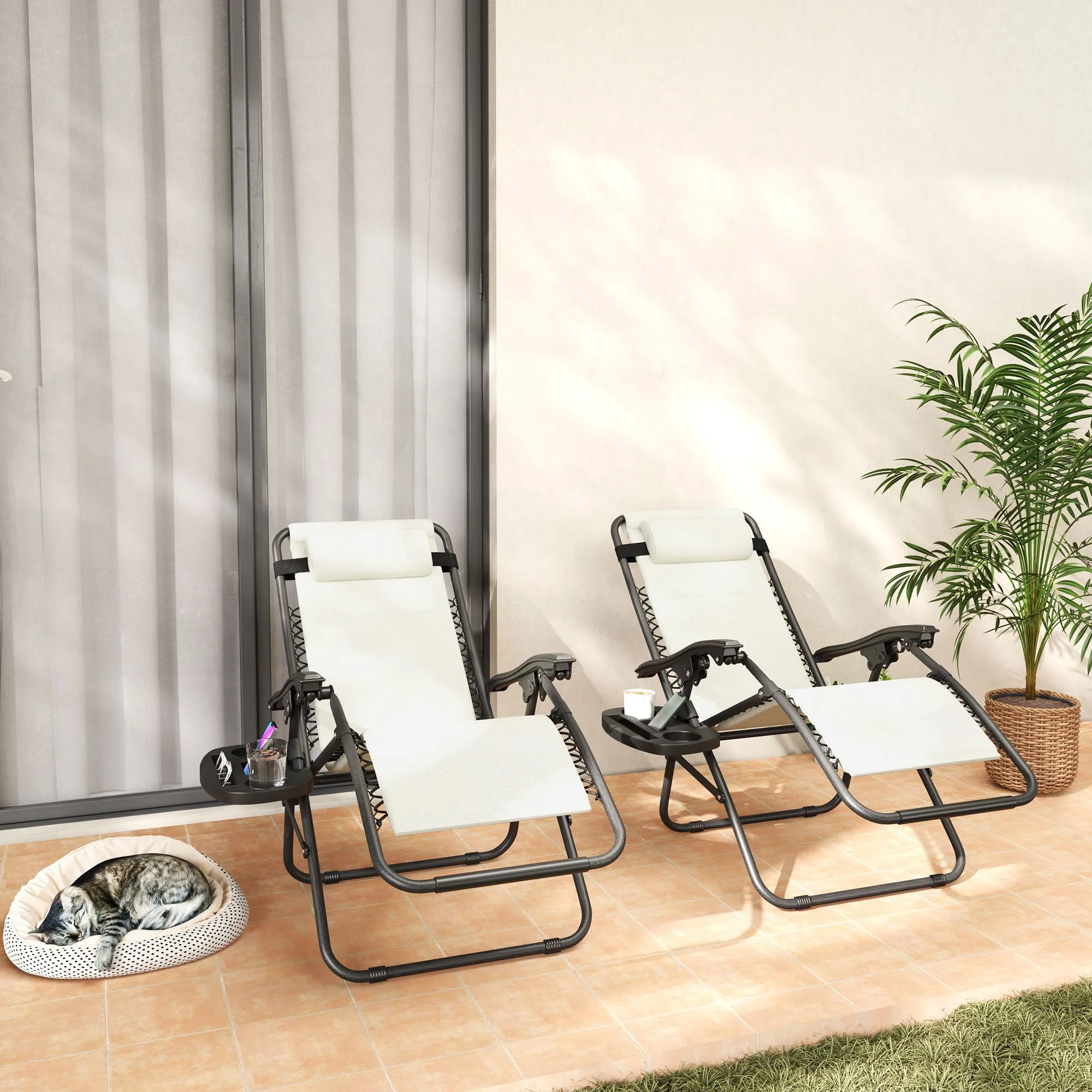 2-Piece Zero Gravity Reclining Lounge Chair Set with Headrest & Side Tray, Cream