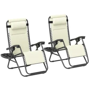 2-Piece Zero Gravity Reclining Lounge Chair Set with Headrest & Side Tray, Cream