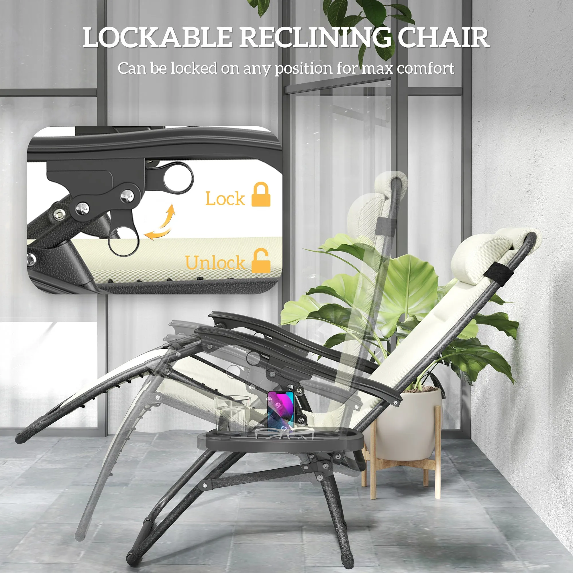 2-Piece Zero Gravity Reclining Lounge Chair Set with Headrest & Side Tray, Cream