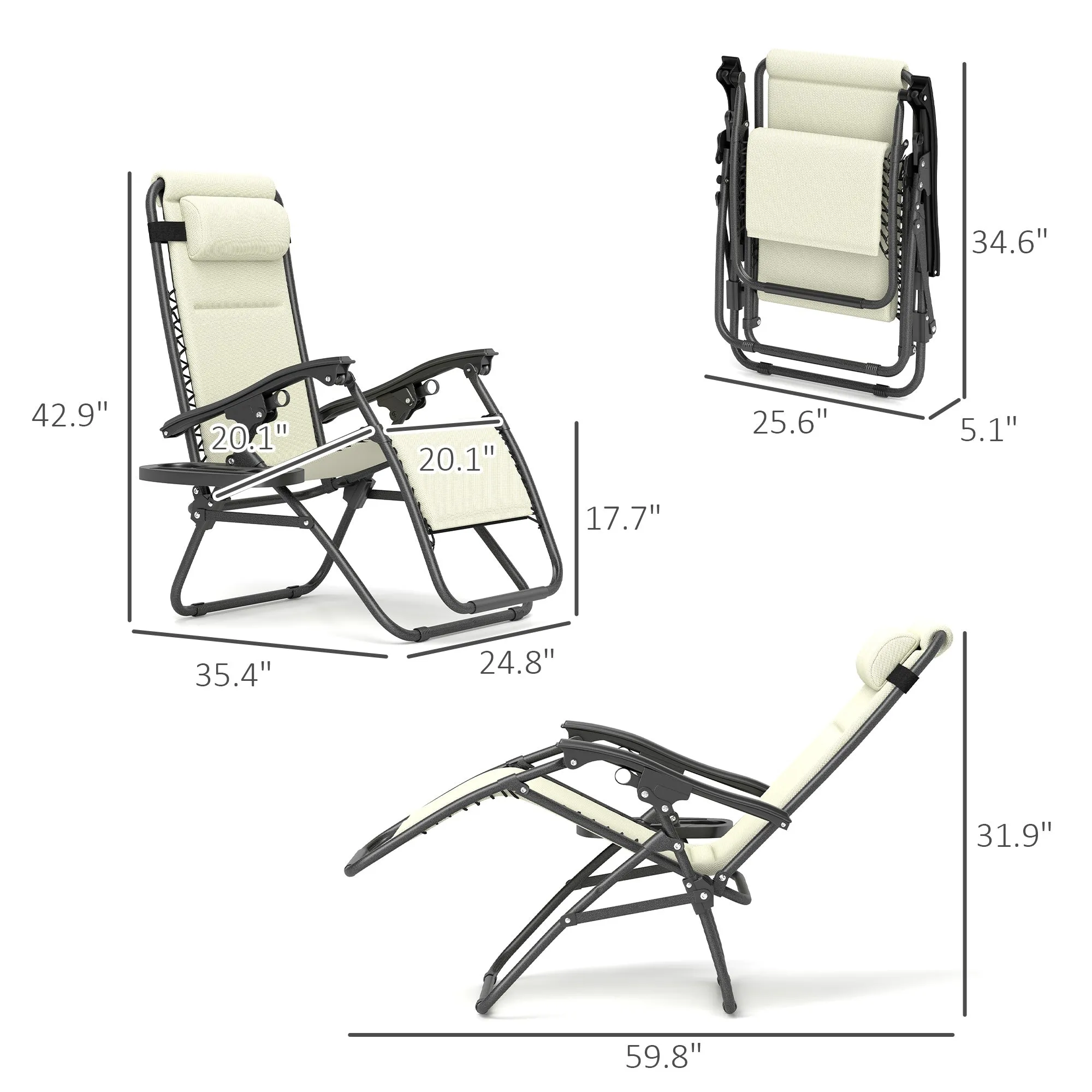 2-Piece Zero Gravity Reclining Lounge Chair Set with Headrest & Side Tray, Cream