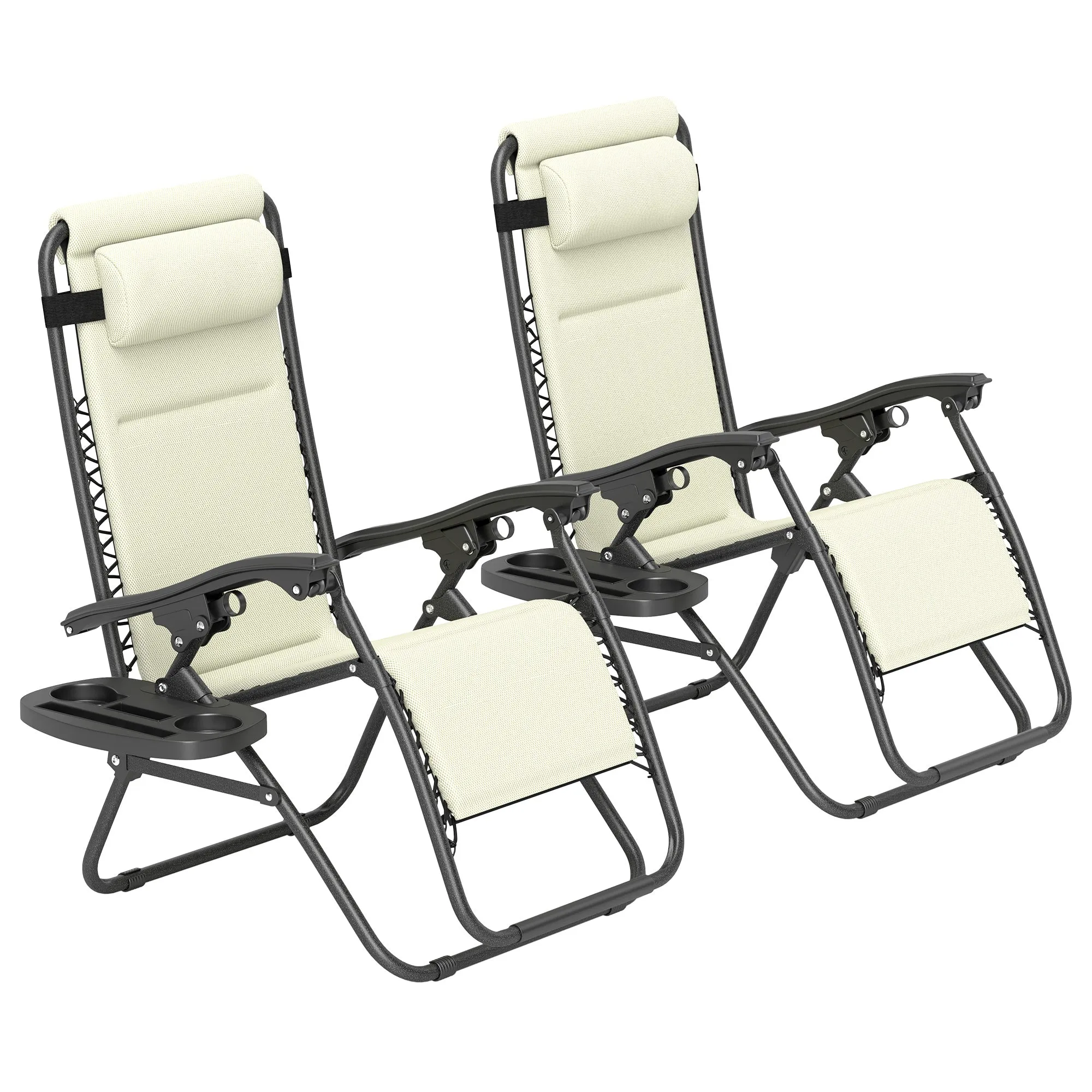 2-Piece Zero Gravity Reclining Lounge Chair Set with Headrest & Side Tray, Cream