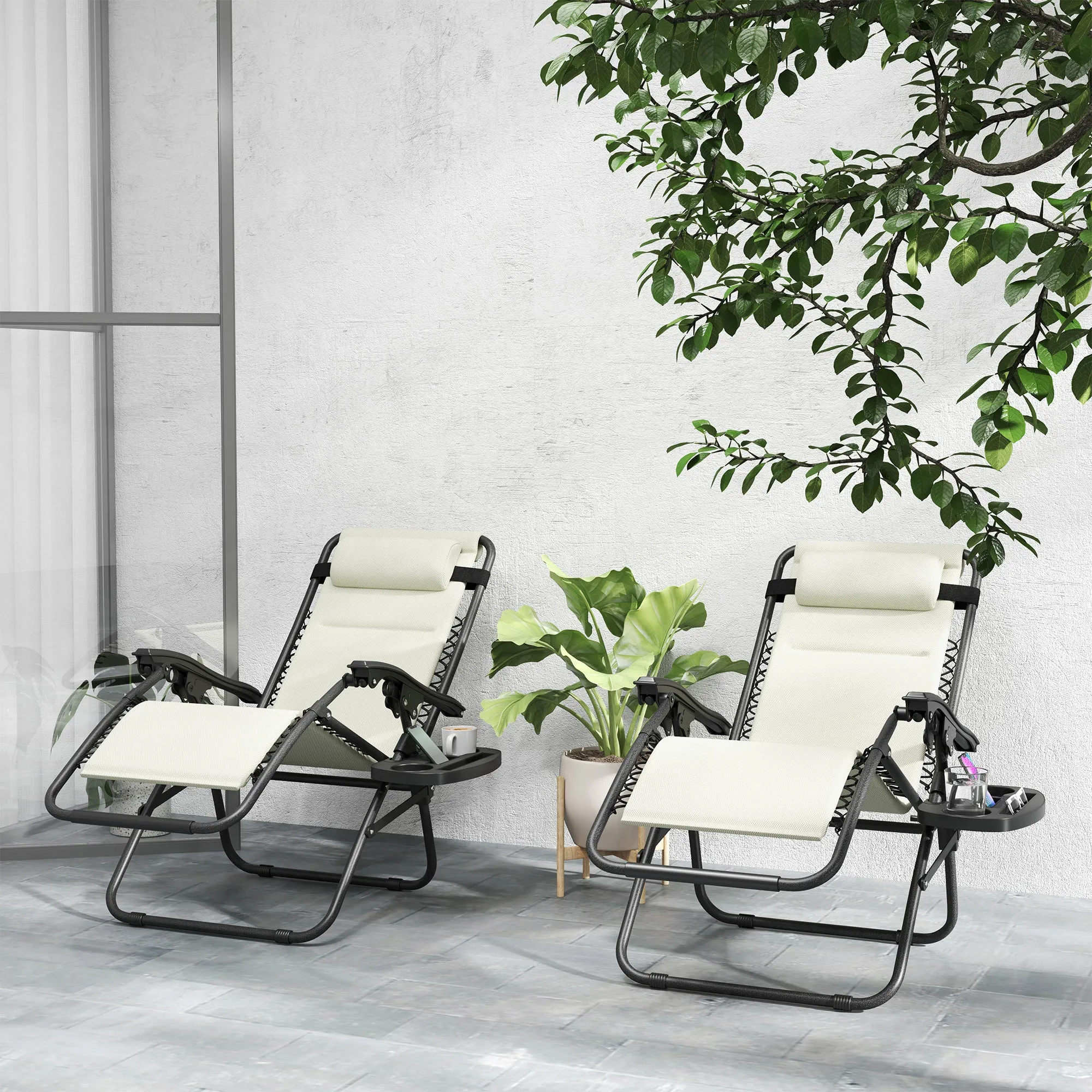 2-Piece Zero Gravity Reclining Lounge Chair Set with Headrest & Side Tray, Cream