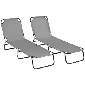 2 Pieces Pool Chaise Lounge Chairs, Folding, 5-Level Reclining, Steel Frame, Dark Gray
