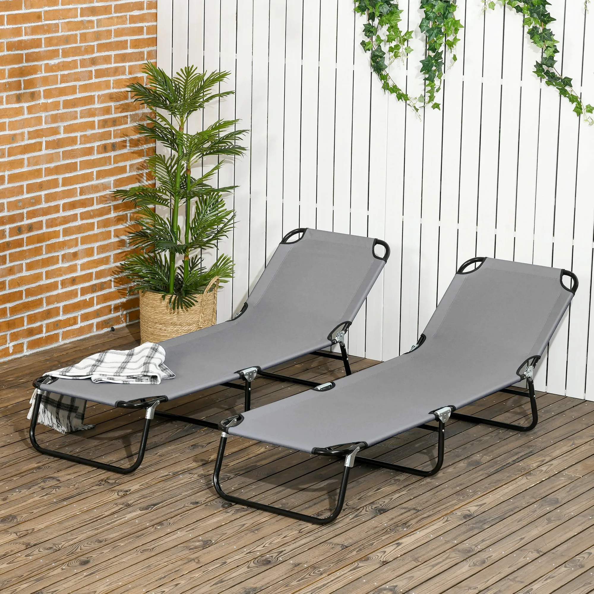 2 Pieces Pool Chaise Lounge Chairs, Folding, 5-Level Reclining, Steel Frame, Dark Gray