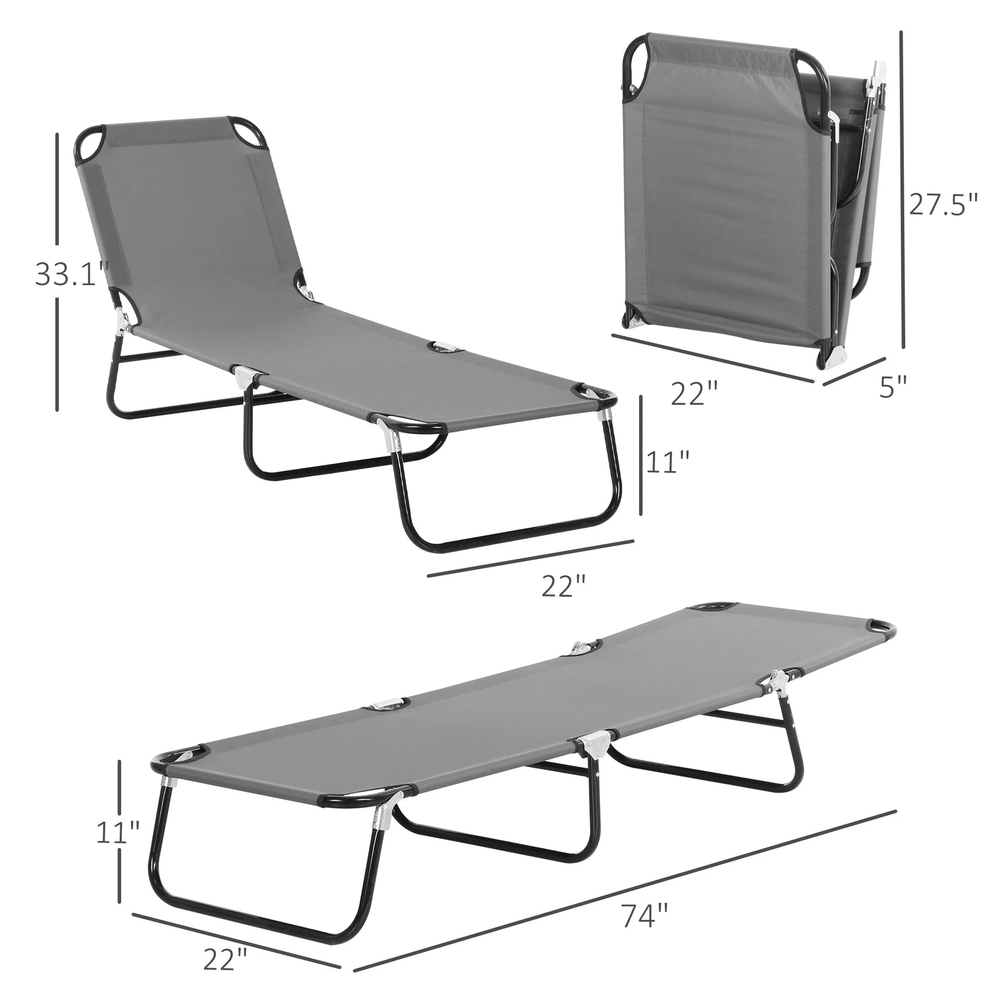 2 Pieces Pool Chaise Lounge Chairs, Folding, 5-Level Reclining, Steel Frame, Dark Gray