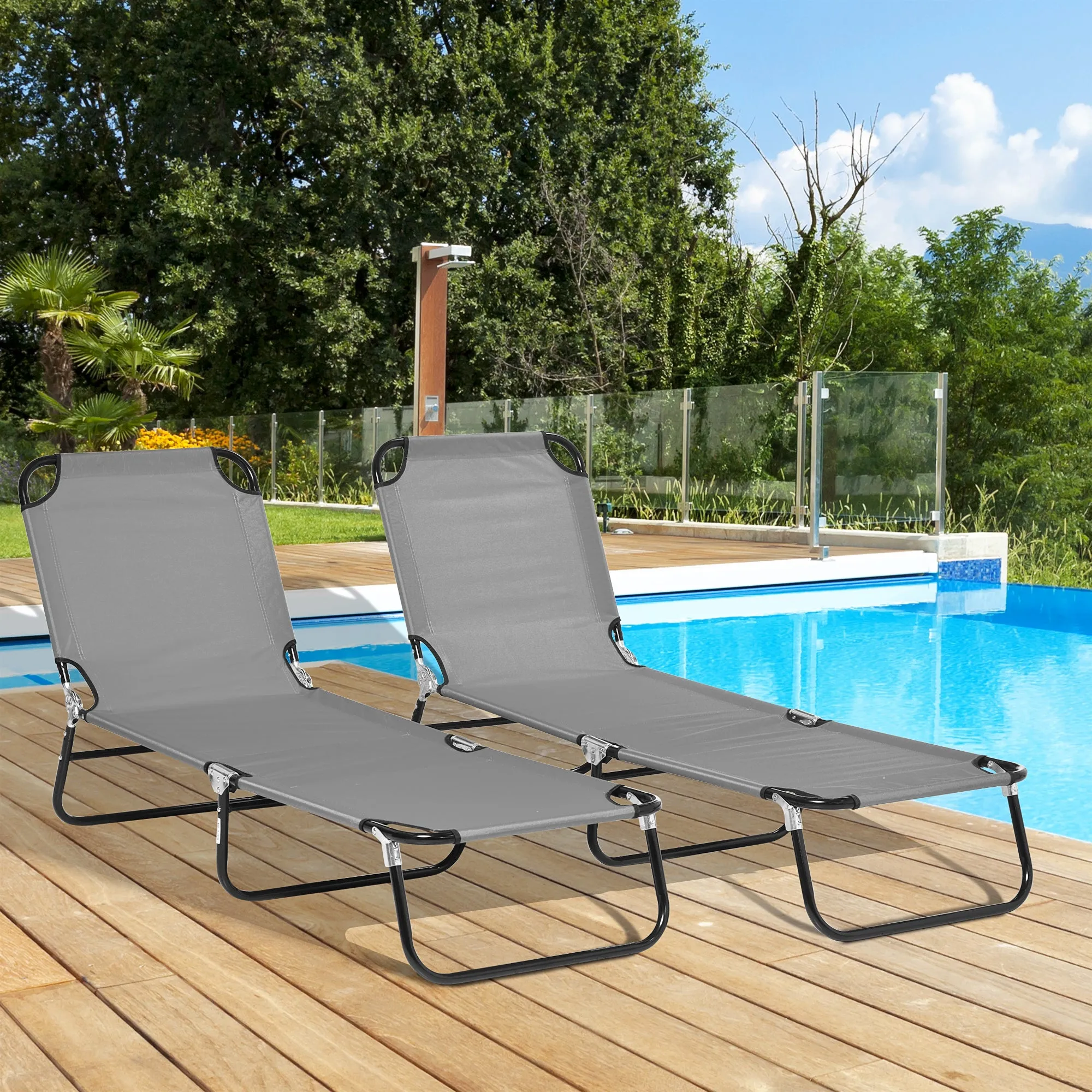 2 Pieces Pool Chaise Lounge Chairs, Folding, 5-Level Reclining, Steel Frame, Dark Gray