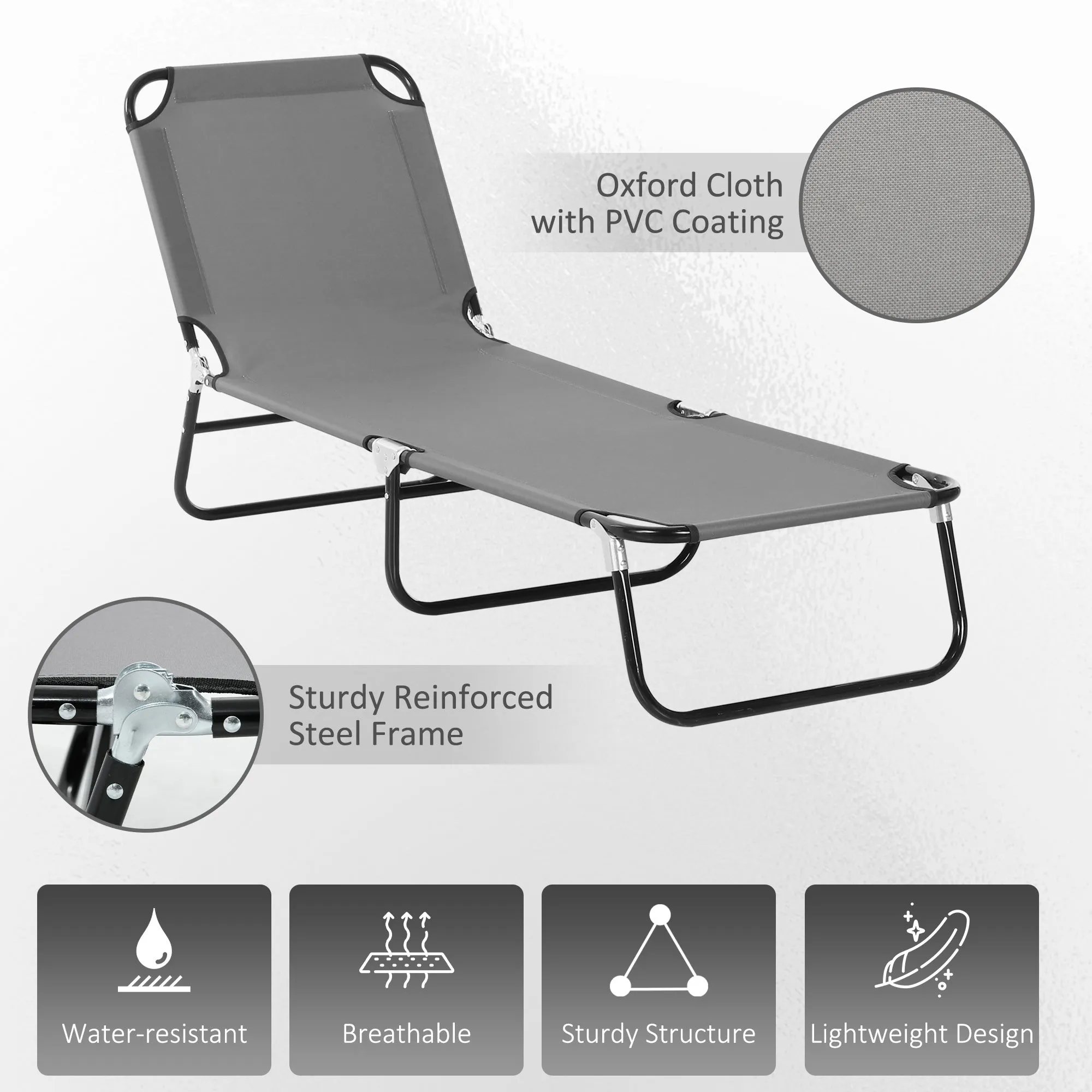 2 Pieces Pool Chaise Lounge Chairs, Folding, 5-Level Reclining, Steel Frame, Dark Gray