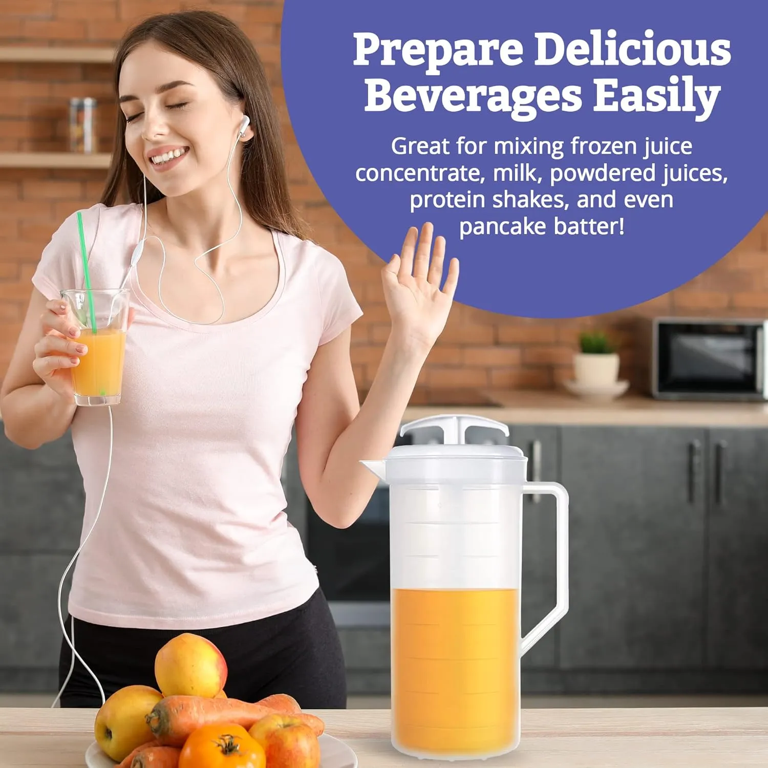 2-Quart White Mixing Pitcher with Plunger – BPA-Free Plastic Mixing Jug for Juice, Milk, Tea, Shakes, and More – Dishwasher-Safe, Spill-Proof Lid, Smart Stirring Design