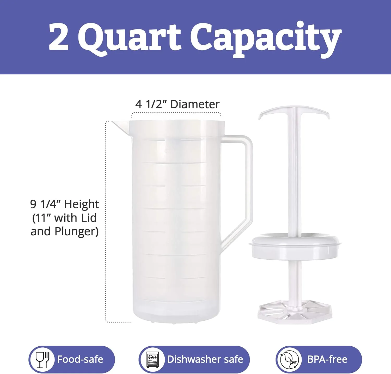 2-Quart White Mixing Pitcher with Plunger – BPA-Free Plastic Mixing Jug for Juice, Milk, Tea, Shakes, and More – Dishwasher-Safe, Spill-Proof Lid, Smart Stirring Design