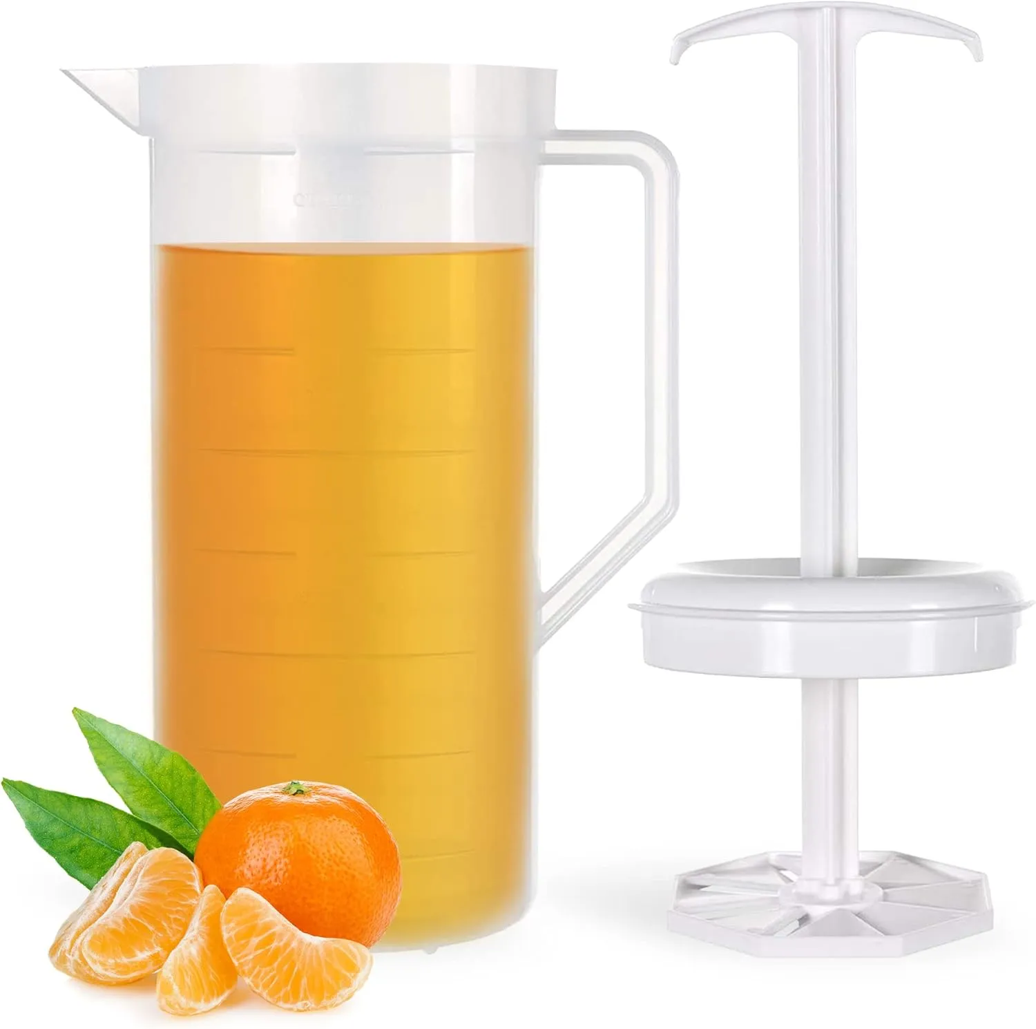 2-Quart White Mixing Pitcher with Plunger – BPA-Free Plastic Mixing Jug for Juice, Milk, Tea, Shakes, and More – Dishwasher-Safe, Spill-Proof Lid, Smart Stirring Design