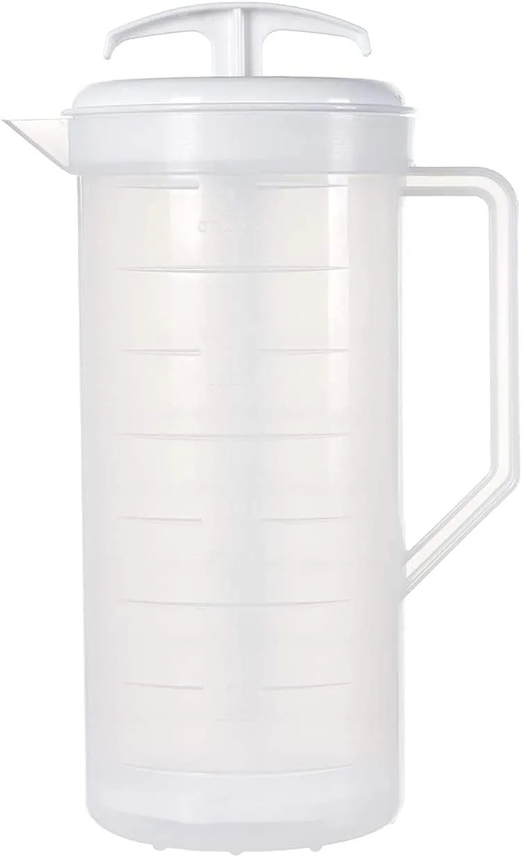 2-Quart White Mixing Pitcher with Plunger – BPA-Free Plastic Mixing Jug for Juice, Milk, Tea, Shakes, and More – Dishwasher-Safe, Spill-Proof Lid, Smart Stirring Design