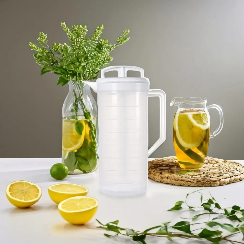 2-Quart White Mixing Pitcher with Plunger – BPA-Free Plastic Mixing Jug for Juice, Milk, Tea, Shakes, and More – Dishwasher-Safe, Spill-Proof Lid, Smart Stirring Design