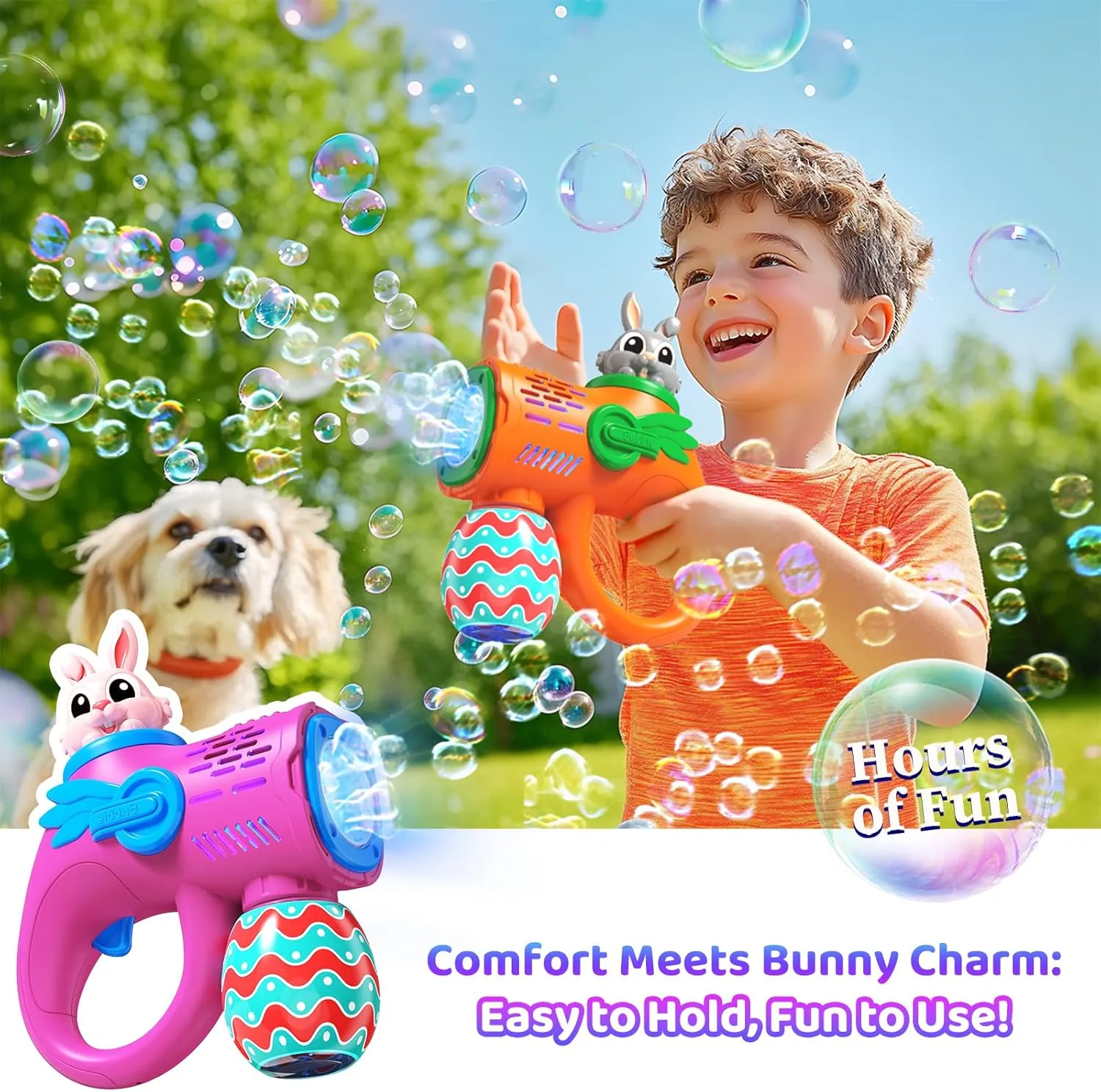 2 Rabbit Bubble Gun Toys - Light-Up Bunny Bubble Machine for Kids Toddlers with 10 Bubble Refill Packs, Fun Gifts for Kids Girls Boys Birthday Party Favors Summer Outdoor Play
