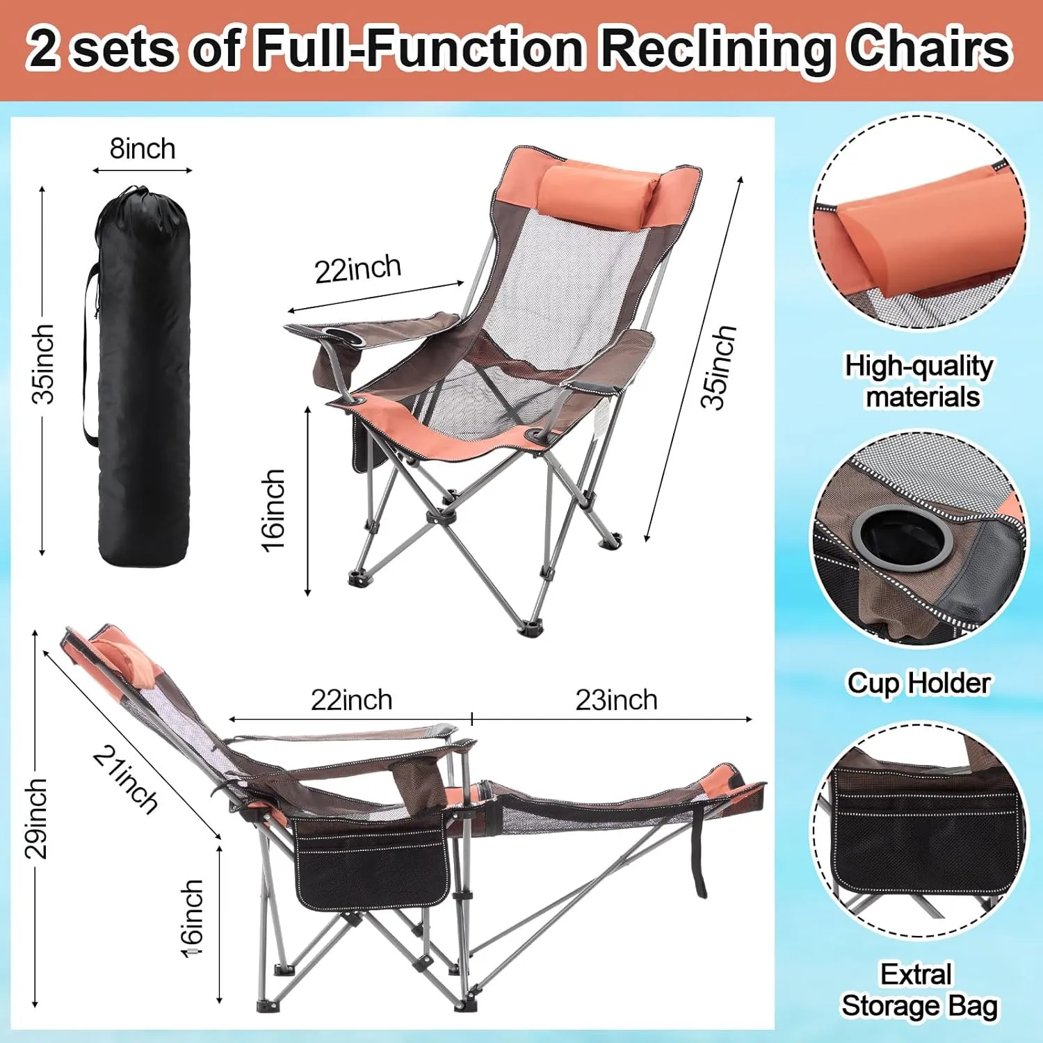 2 Set Reclining Camping Chair with Umbrella, Camping Chair with Foot Rest, Adjustable Chair Umbrella with Clamp, SPF 50 , Folding Mesh Camping Lounger Chair for Outdoor(Orange)