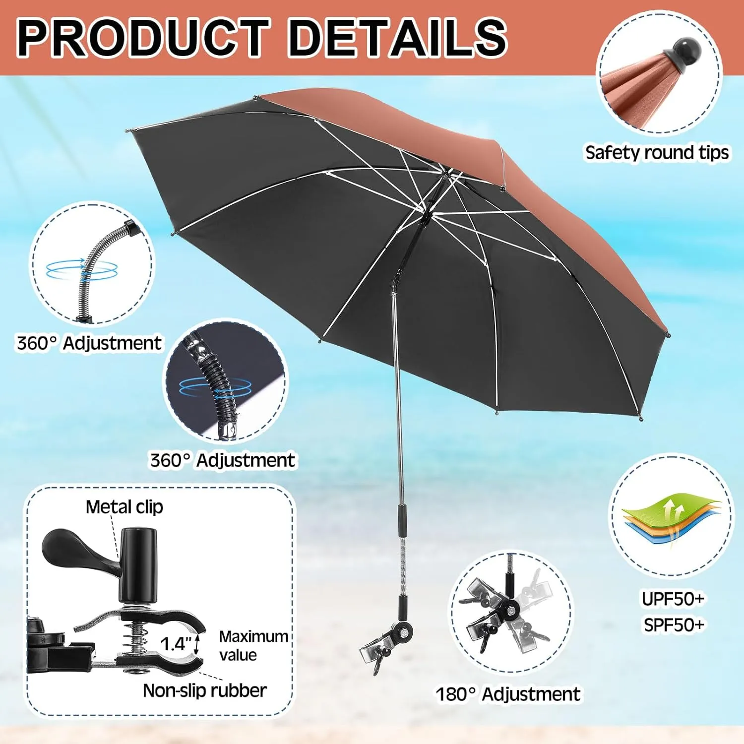 2 Set Reclining Camping Chair with Umbrella, Camping Chair with Foot Rest, Adjustable Chair Umbrella with Clamp, SPF 50 , Folding Mesh Camping Lounger Chair for Outdoor(Orange)