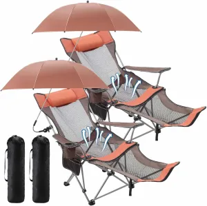 2 Set Reclining Camping Chair with Umbrella, Camping Chair with Foot Rest, Adjustable Chair Umbrella with Clamp, SPF 50 , Folding Mesh Camping Lounger Chair for Outdoor(Orange)