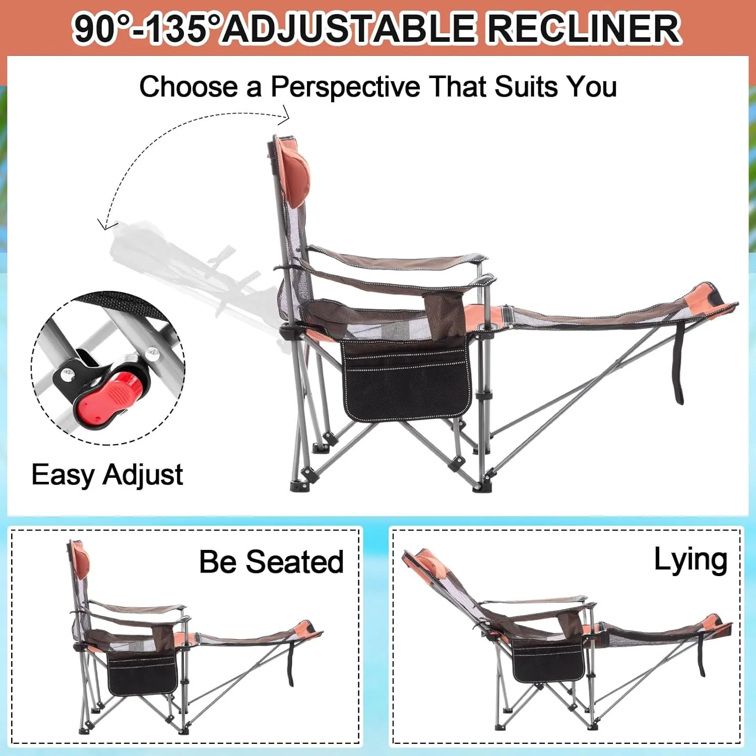 2 Set Reclining Camping Chair with Umbrella, Camping Chair with Foot Rest, Adjustable Chair Umbrella with Clamp, SPF 50 , Folding Mesh Camping Lounger Chair for Outdoor(Orange)