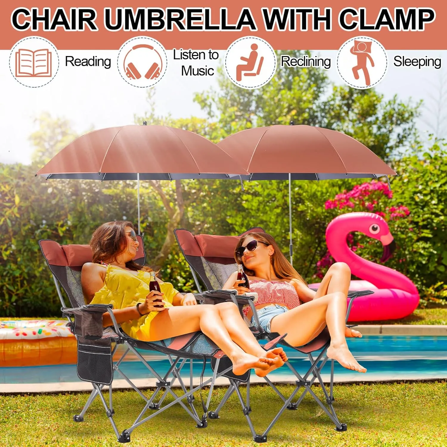 2 Set Reclining Camping Chair with Umbrella, Camping Chair with Foot Rest, Adjustable Chair Umbrella with Clamp, SPF 50 , Folding Mesh Camping Lounger Chair for Outdoor(Orange)